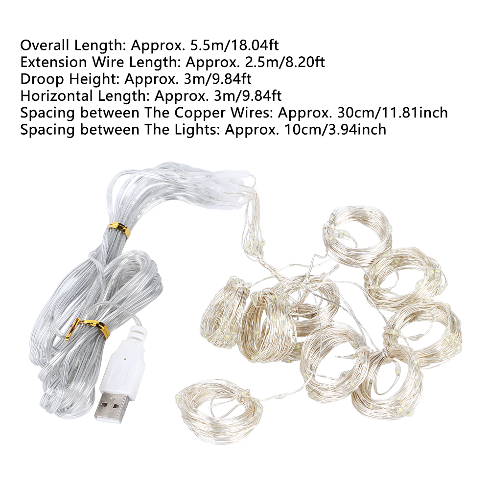 Lichterketten mit USB-Stecker. Die Lichter sind aufgerollt und zusammengefasst. Der Draht ist silberfarben. Text mit Maßen ist oben.