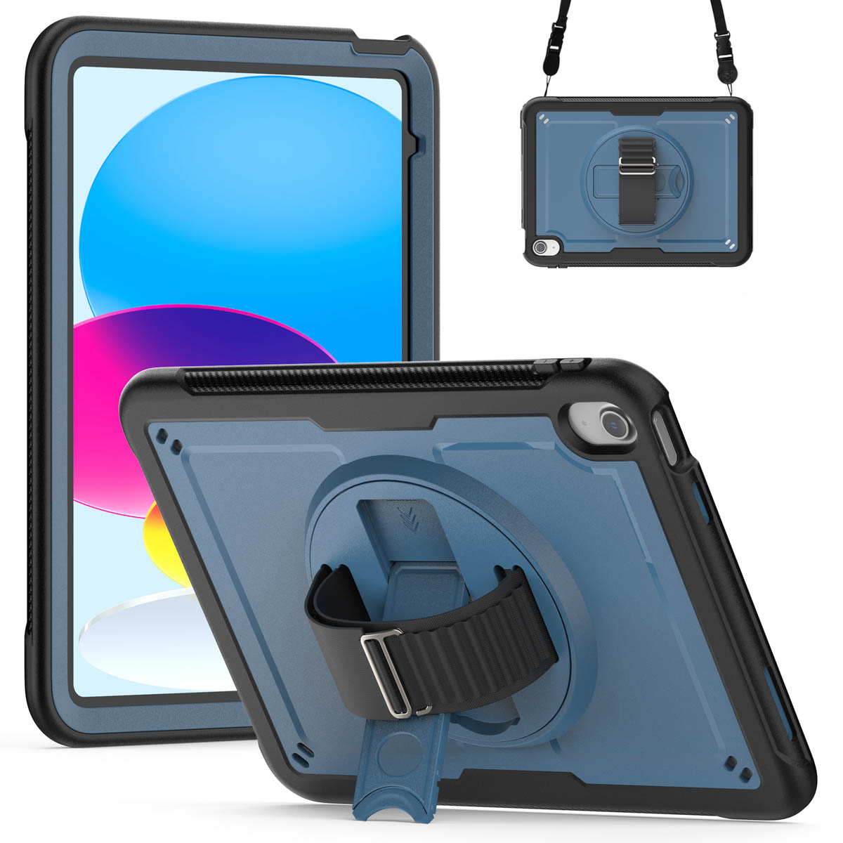 Une coque de tablette bleue avec un cadre noir et une dragonne. Un iPad est à l'intérieur de la coque. Il y a aussi une coque avec une sangle de cou.