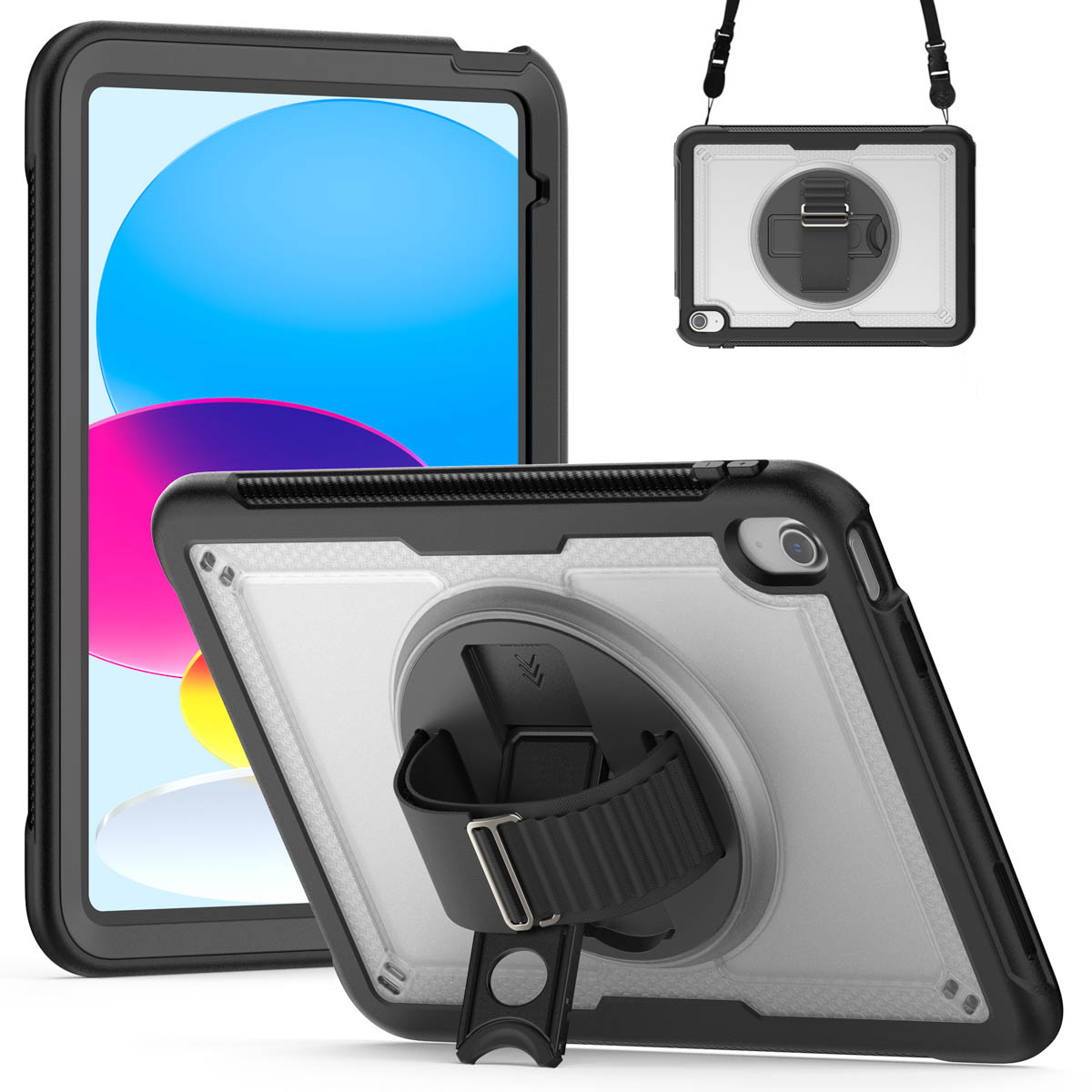 Un étui noir pour tablette avec une sangle pour la main et un étui séparé avec un cordon. L'écran de la tablette affiche des couleurs bleues et jaunes.