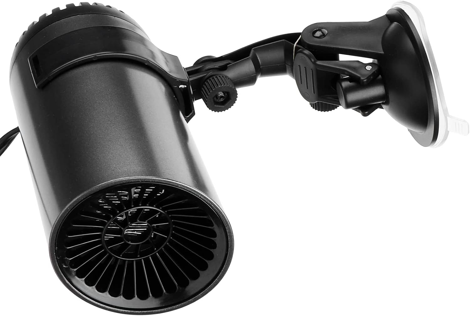 Eine schwarze Autoheizung mit einem Ventilator, befestigt an einer Saugnapfhalterung. Der Heizlüfter ist zylindrisch mit einem Lüftergitter.