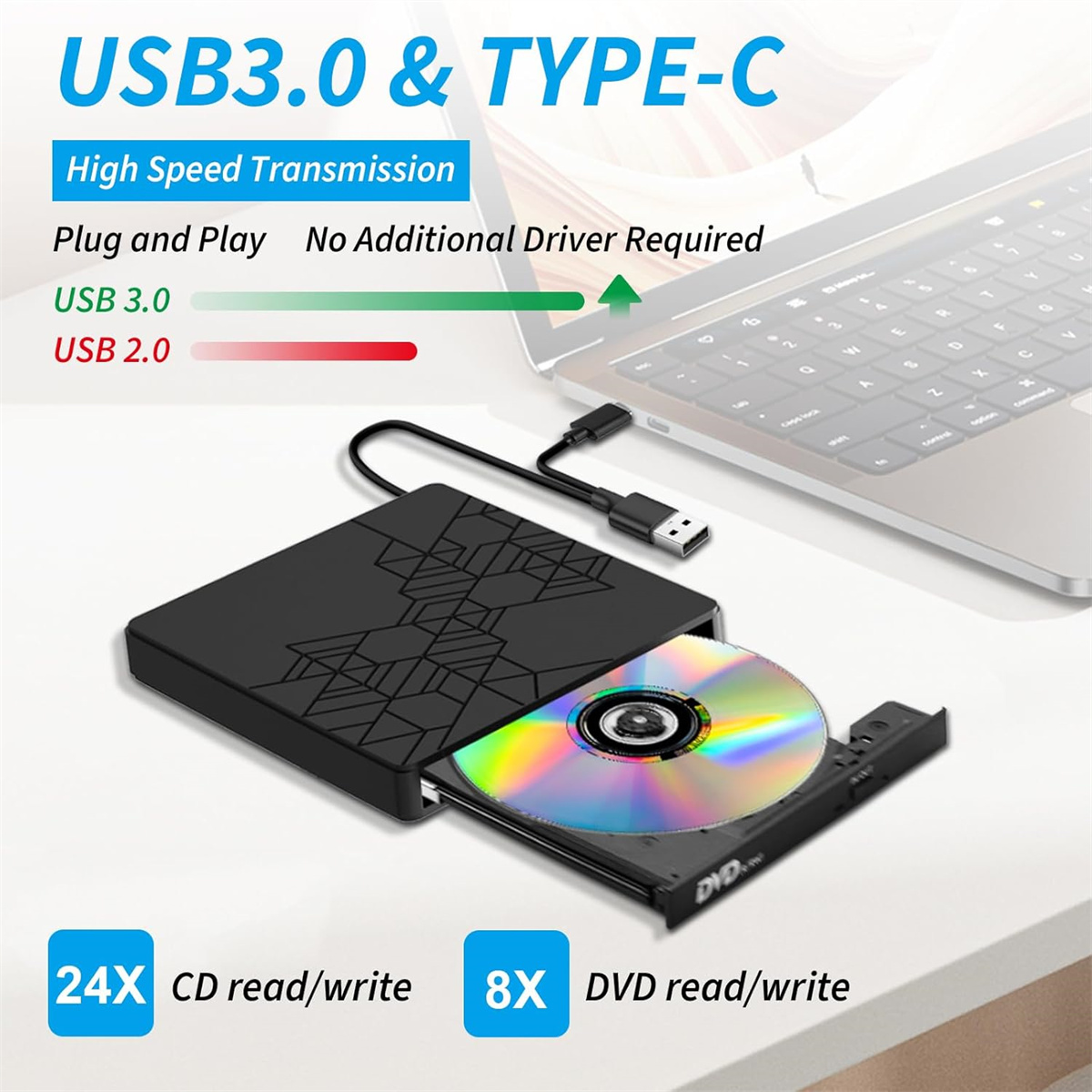 Ein externes DVD-Laufwerk, das an einen Laptop angeschlossen ist. USB 3.0 und Typ C. Das Laufwerk ist schwarz und enthält eine CD. Hochgeschwindigkeitsübertragung.