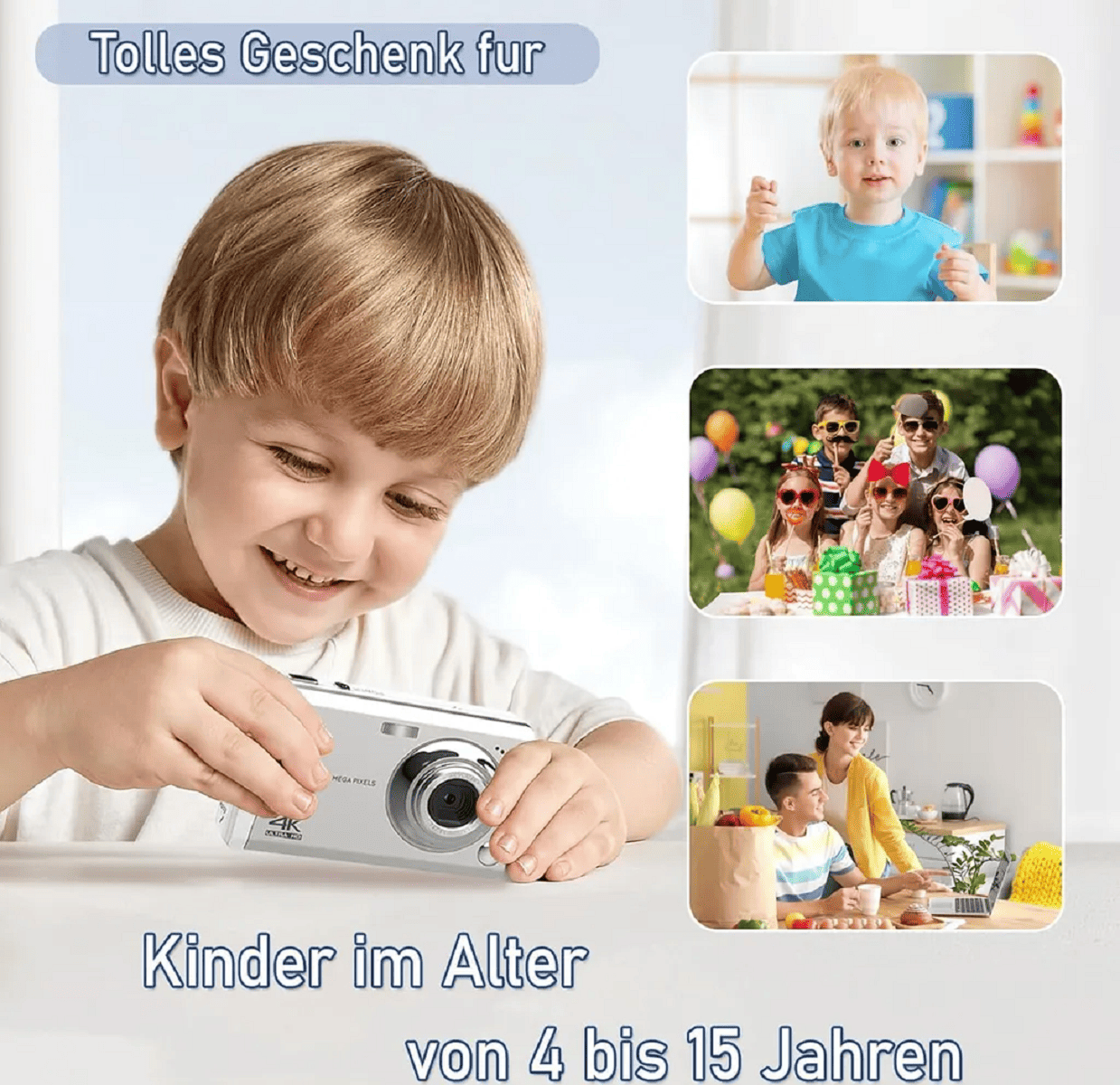 Ein Kind hält eine Kamera und lächelt. Andere Bilder zeigen Kinder, Geschenke und eine Frau mit einem Kind am Laptop. Textüberlagerung.
