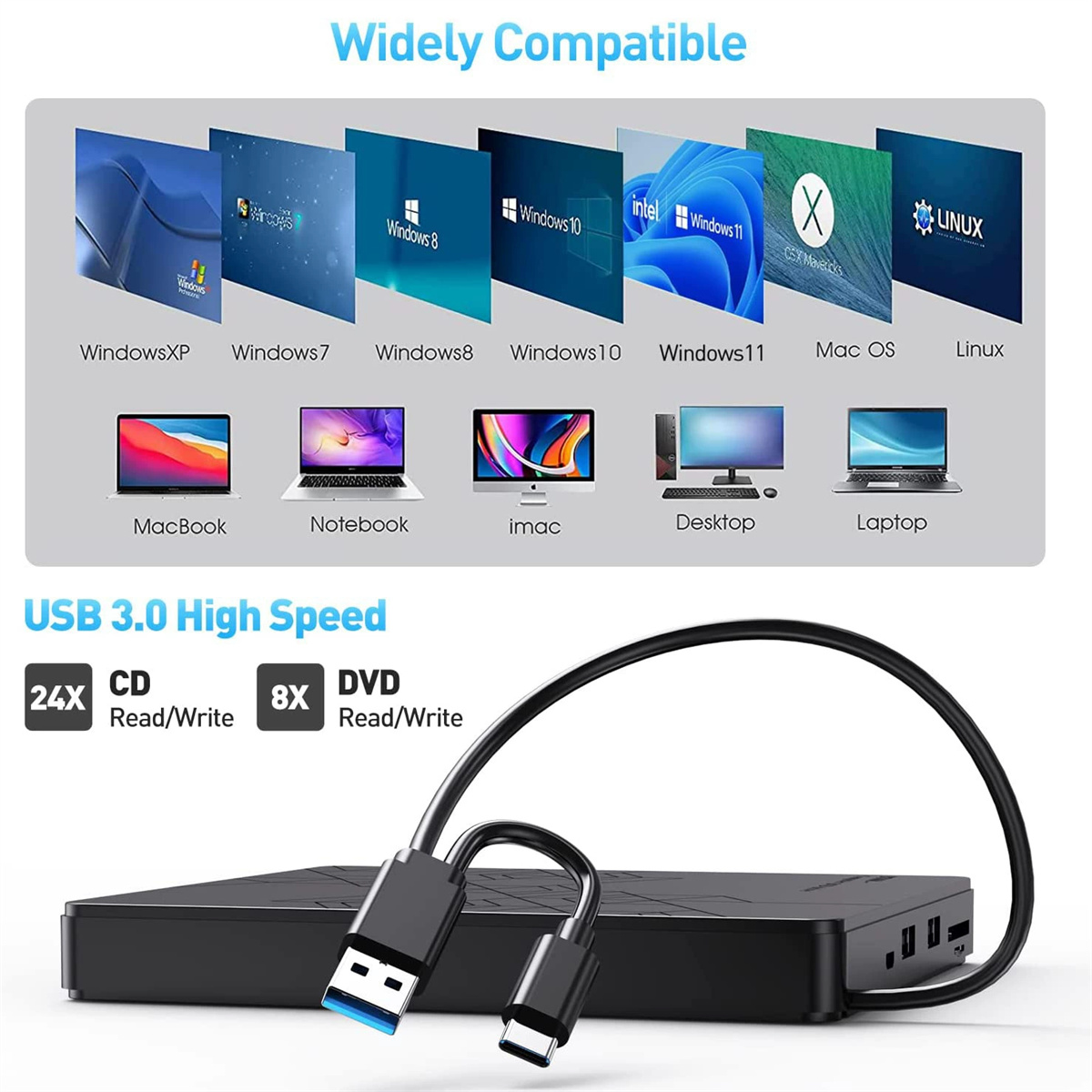 Eine schwarze externe Festplatte mit USB-Kabel. Symbole von Betriebssystemen wie Windows, Mac und Linux sind abgebildet.