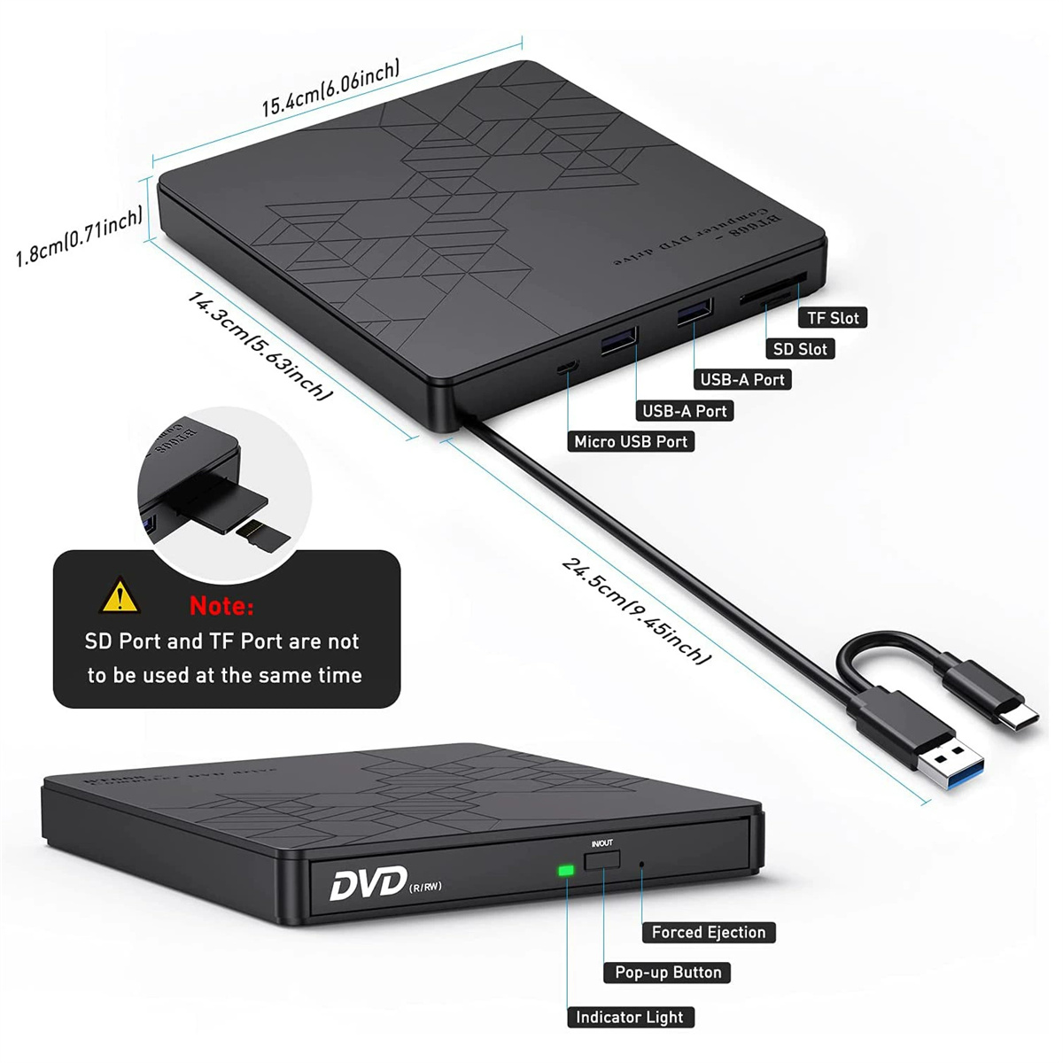Ein schwarzes DVD-Laufwerk und -Lesegerät. Merkmale sind USB-Anschlüsse, SD/TF-Kartensteckplätze und eine Kontrollleuchte. Hinweis: SD und TF nicht gleichzeitig nutzbar.