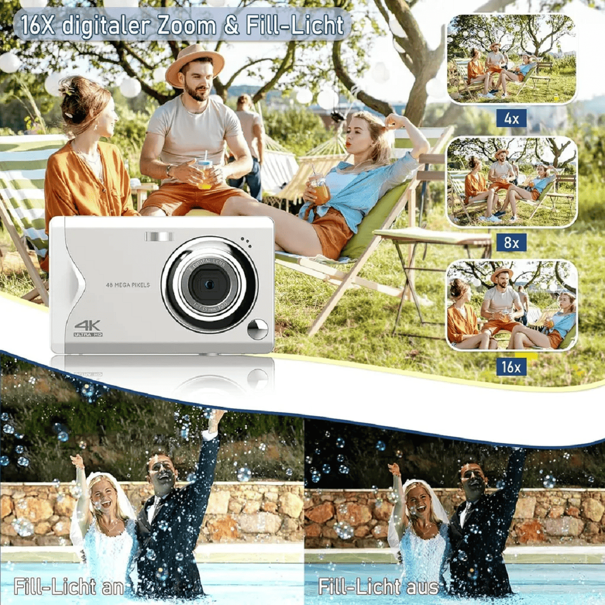Eine Kamera ist im Fokus. Drei Personen entspannen sich. Zoom-Funktion ist gezeigt. Ein Paar im Pool mit Fülllicht ein/aus.