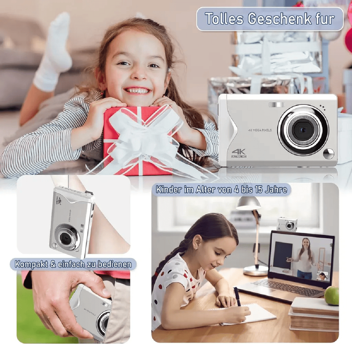 Ein lächelndes Mädchen hält ein Geschenk. Eine Kamera wird gezeigt. Kleinere Bilder zeigen die Kamera in der Hand und ein Mädchen am Laptop.