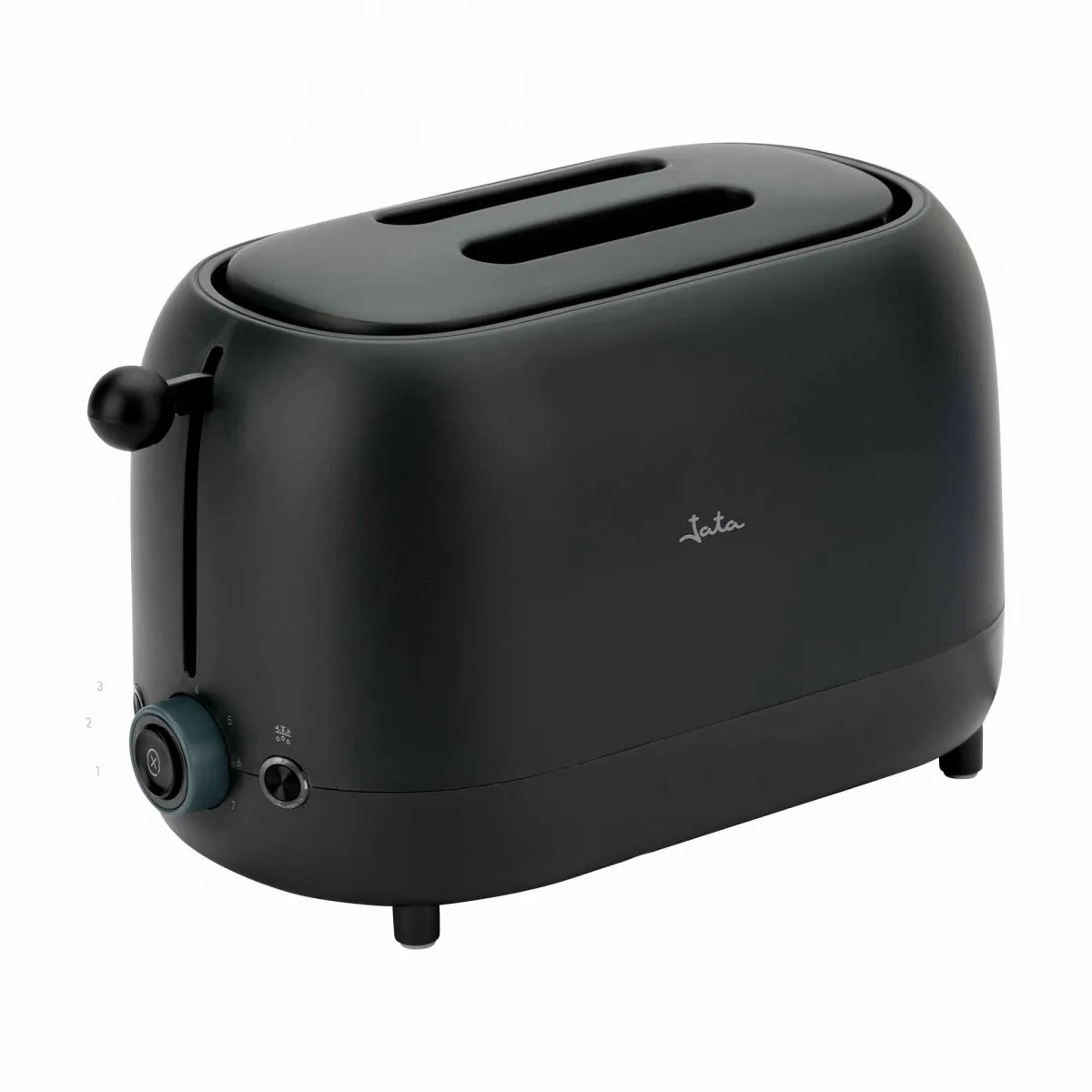 Una tostadora negra con dos ranuras sobre fondo blanco. Tiene un dial y una palanca. La marca "Jata" es visible.