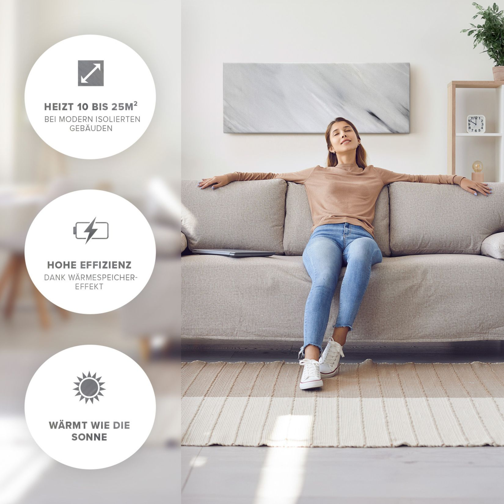 Frau entspannt auf dem Sofa. Die Szene enthält Infografiken zu Heizung, hoher Effizienz und Wärme.