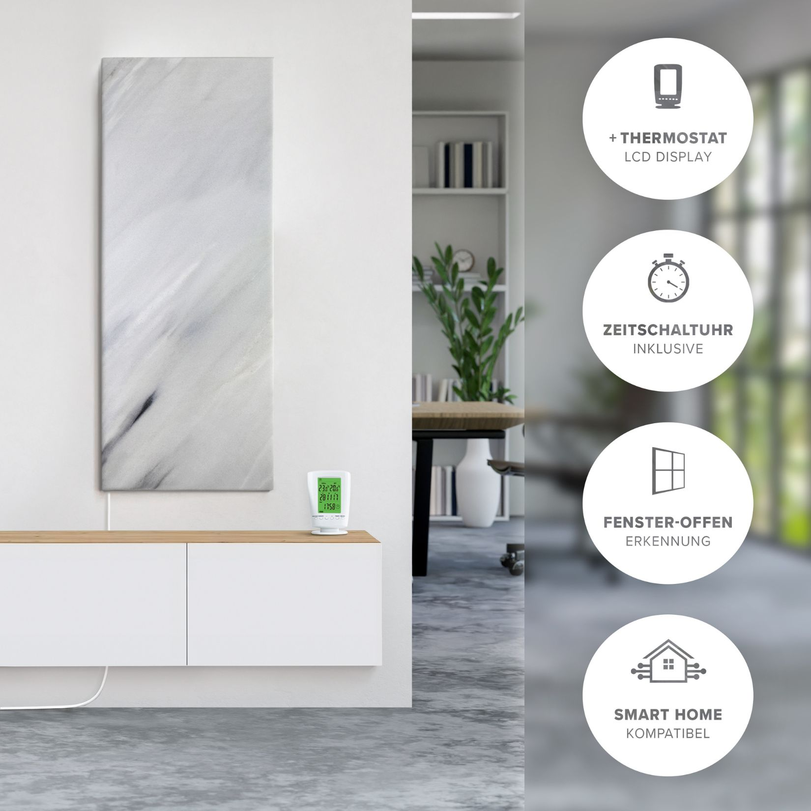 Ein weißer Heizkörper in Marmoroptik an der Wand, ein Smart-Thermostat auf dem Schrank und Funktionssymbole.