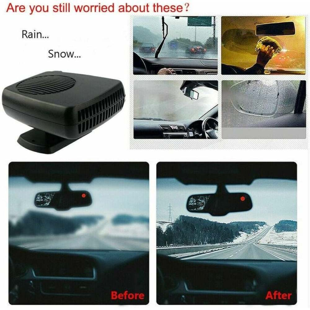 Das Bild zeigt eine Autoheizung und Vorher-/Nachher-Ansichten einer Windschutzscheibe mit Regen/Schnee. Es hebt die Funktion der Heizung hervor, Kondensation zu entfernen.