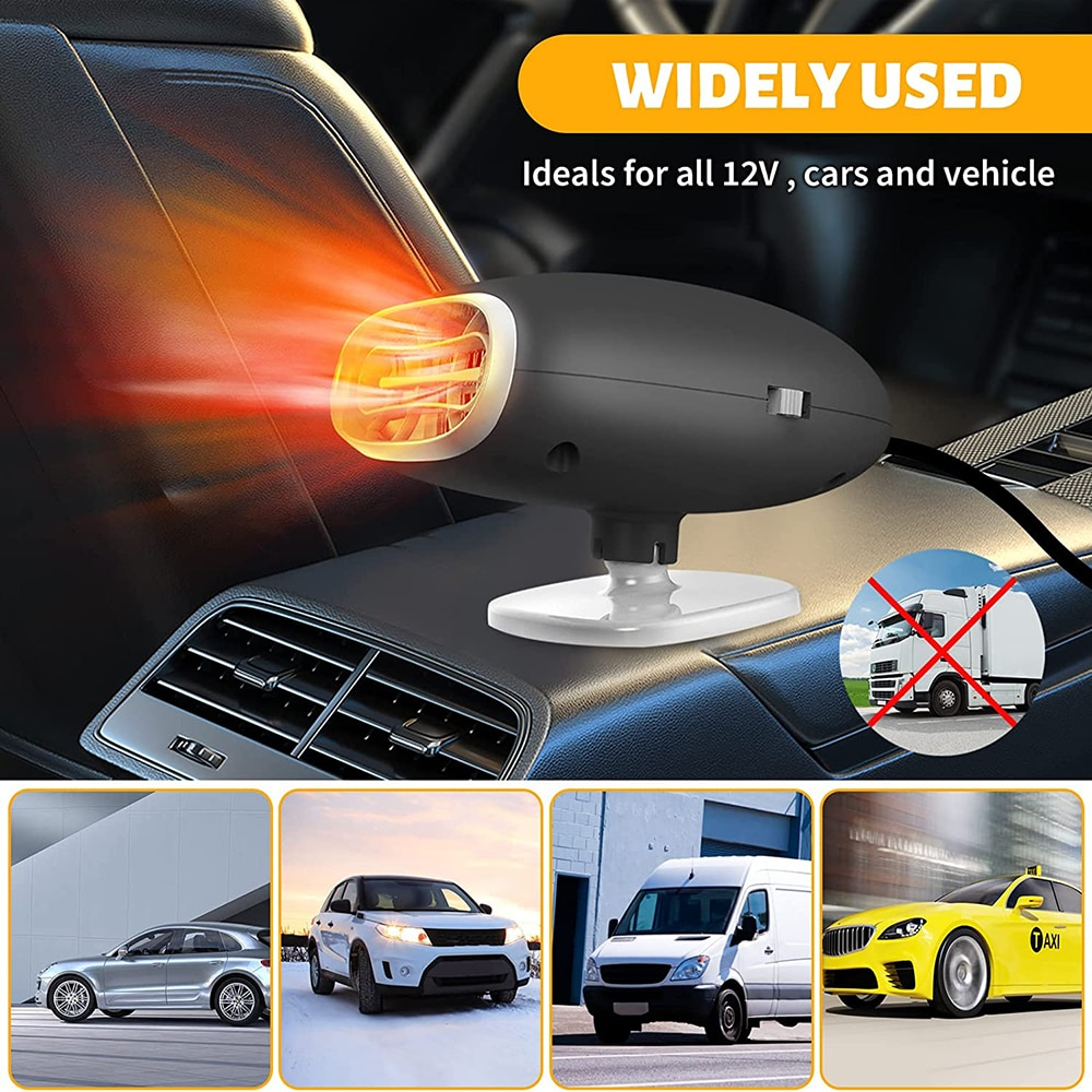 Schwarze Autoheizung mit orangefarbenem Schein. Text lautet 'WIDELY USED, Ideals for all 12V, cars and vehicle'. Autos sind unten gezeigt.