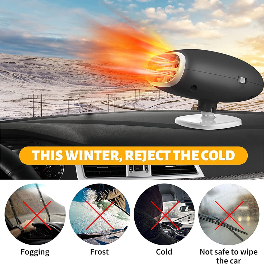 Autoinnenraum mit schwarzer Heizung. Hintergrund zeigt schneebedeckte Landschaft und Icons für Beschlagen, Frost, Kälte und unsicheres Wischen.