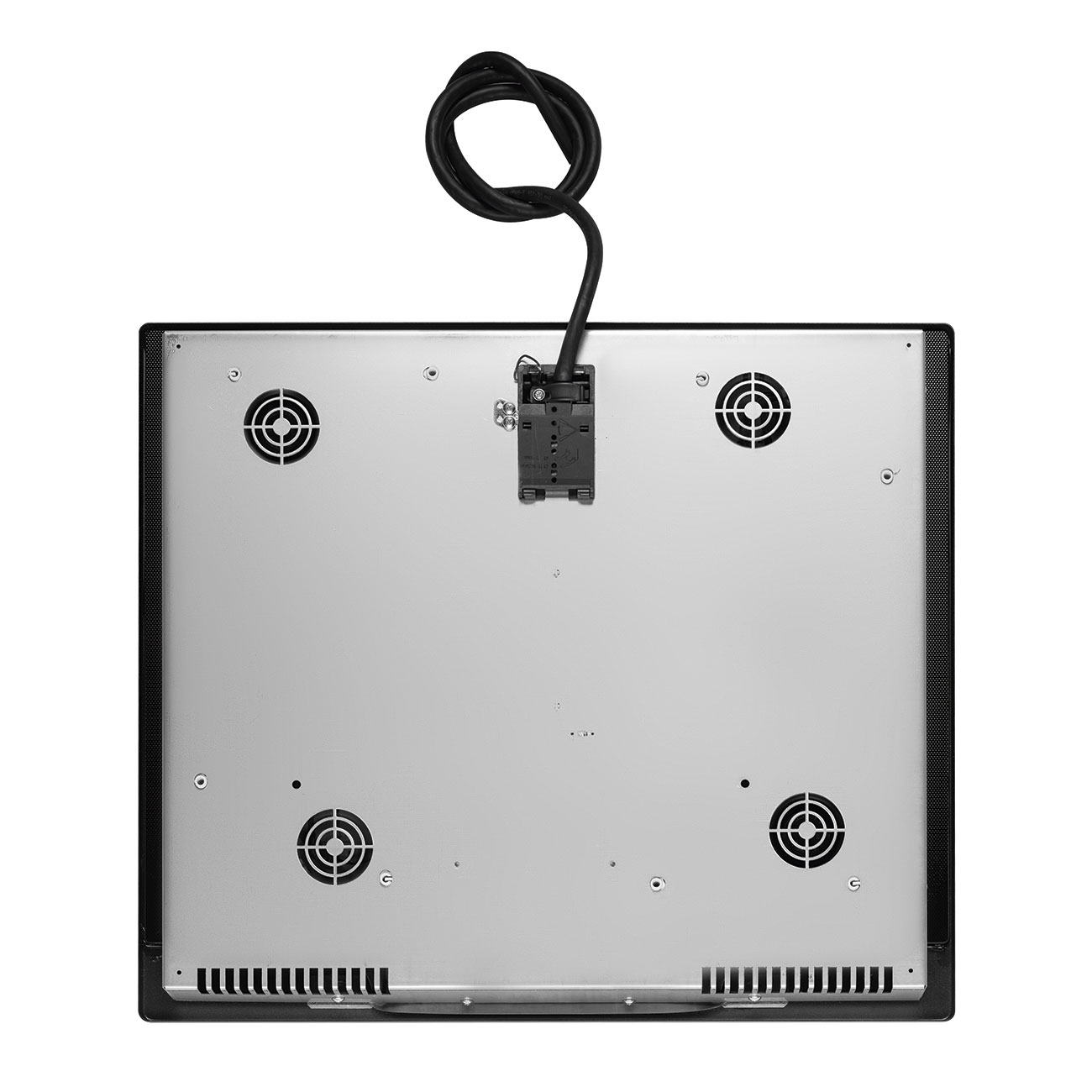 Parte inferior de una placa de inducción negra. Cuenta con un cable negro, cuatro ventiladores y varios tornillos. La superficie es plateada.