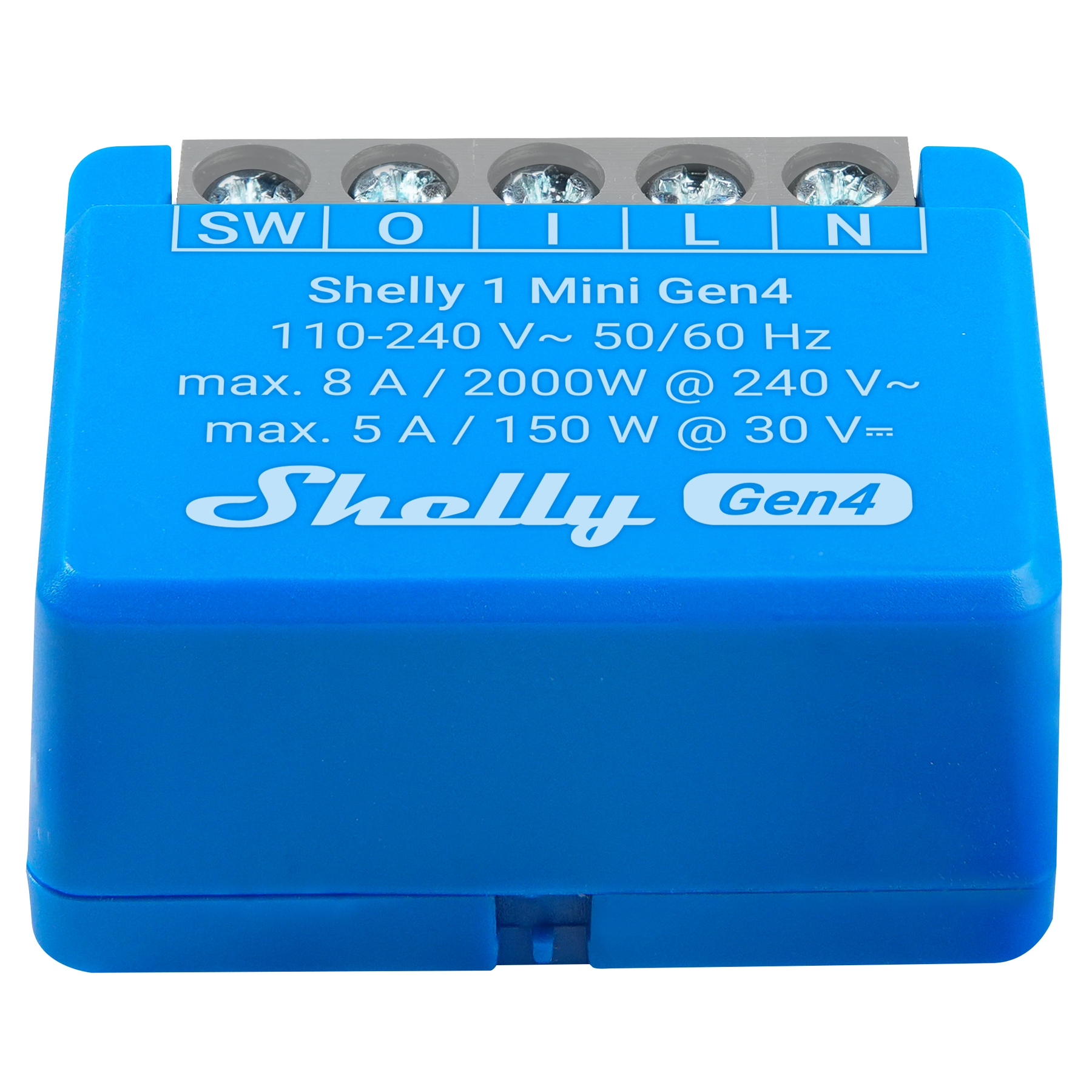 Ein blaues Shelly 1 Mini Gen4 Gerät. Es hat Ein-/Ausgangsanschlüsse und Spezifikationen auf der Vorderseite.