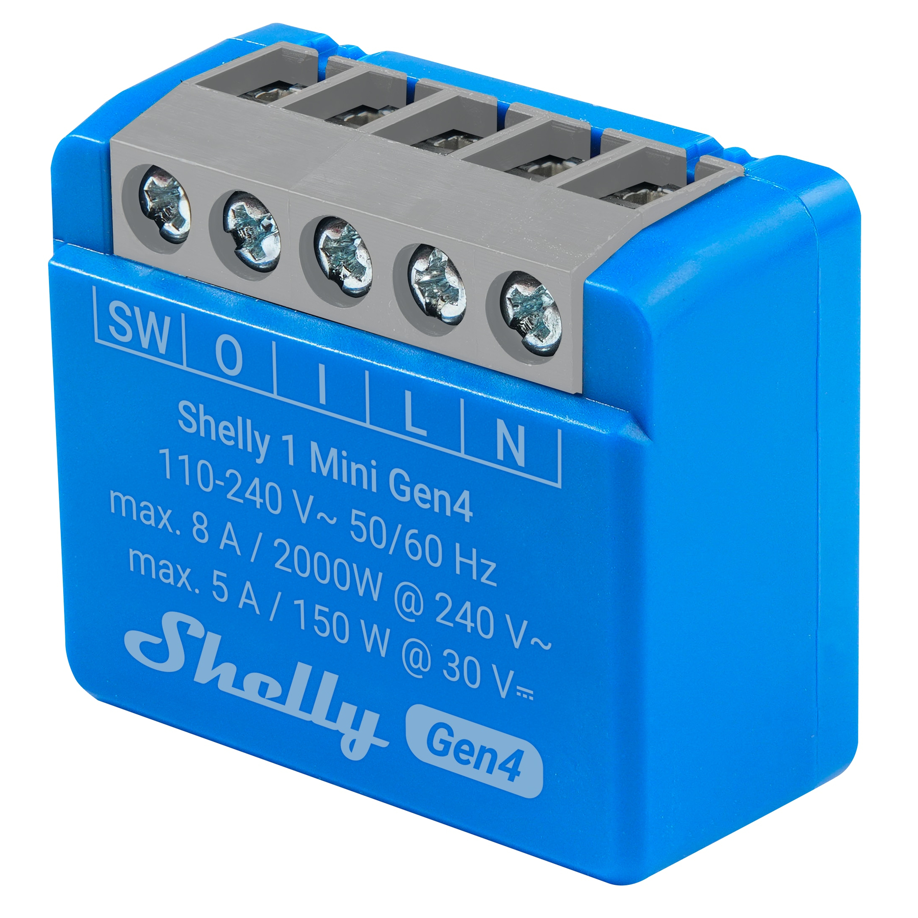 Ein blauer Shelly 1 Mini Gen4. Es hat einen grauen Klemmenblock mit Schrauben. Der Text enthält Spannungs- und Stromstärkendetails.