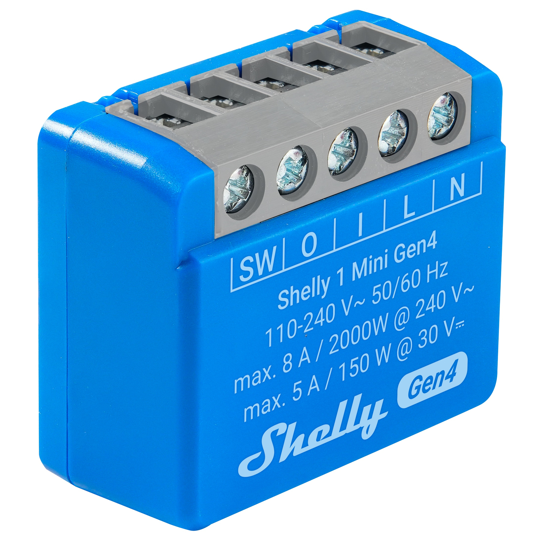 Ein blaues Shelly 1 Mini Gen4 Gerät. Oben befindet sich ein grauer Klemmenblock mit Schrauben. Text an der Seite zeigt Spezifikationen.