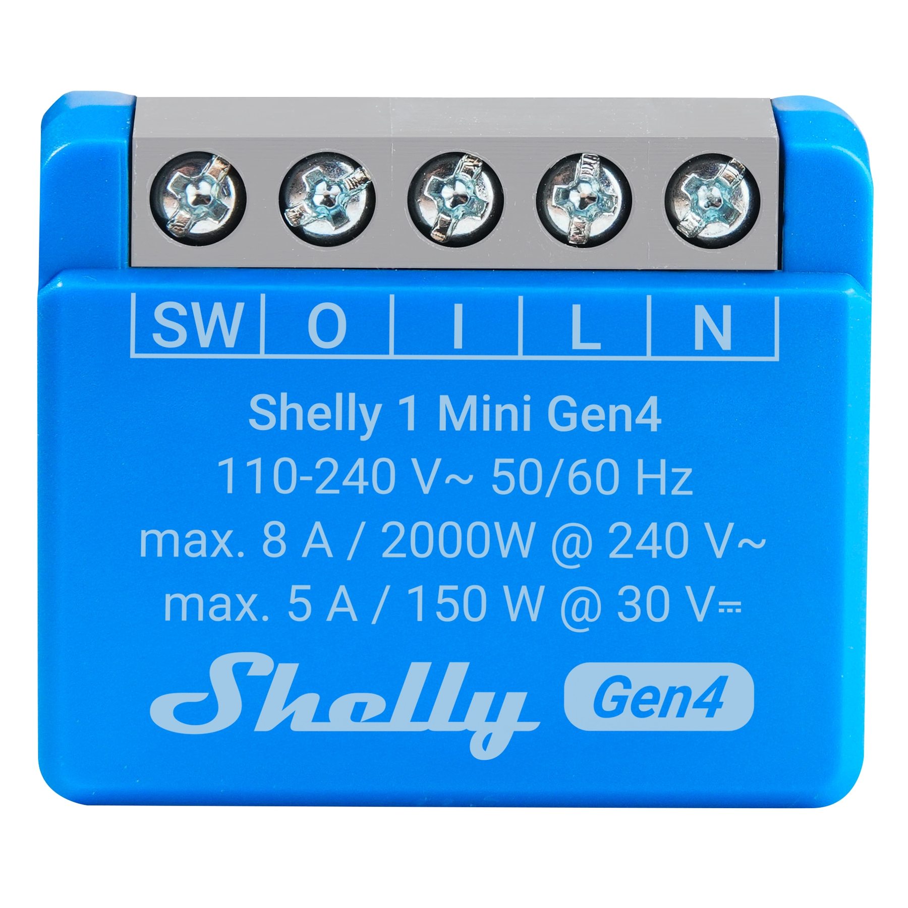 Blaues Shelly 1 Mini Gen4 Gerät. Es hat Anschlüsse oben und Spezifikationen auf der Vorderseite.