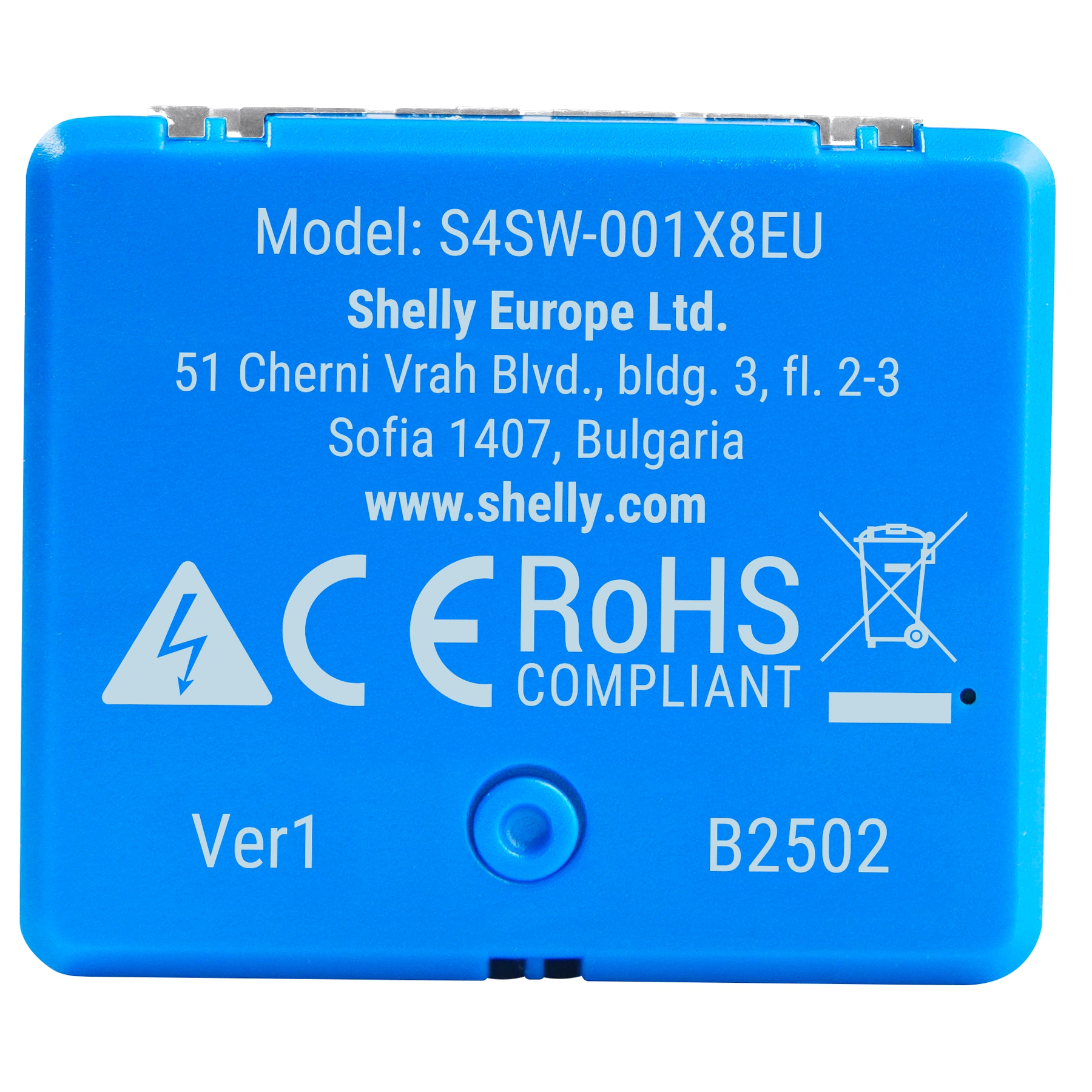 Blaues elektronisches Gerät mit weißem Text, einschließlich Modell, Firmendaten und Zertifizierungen.