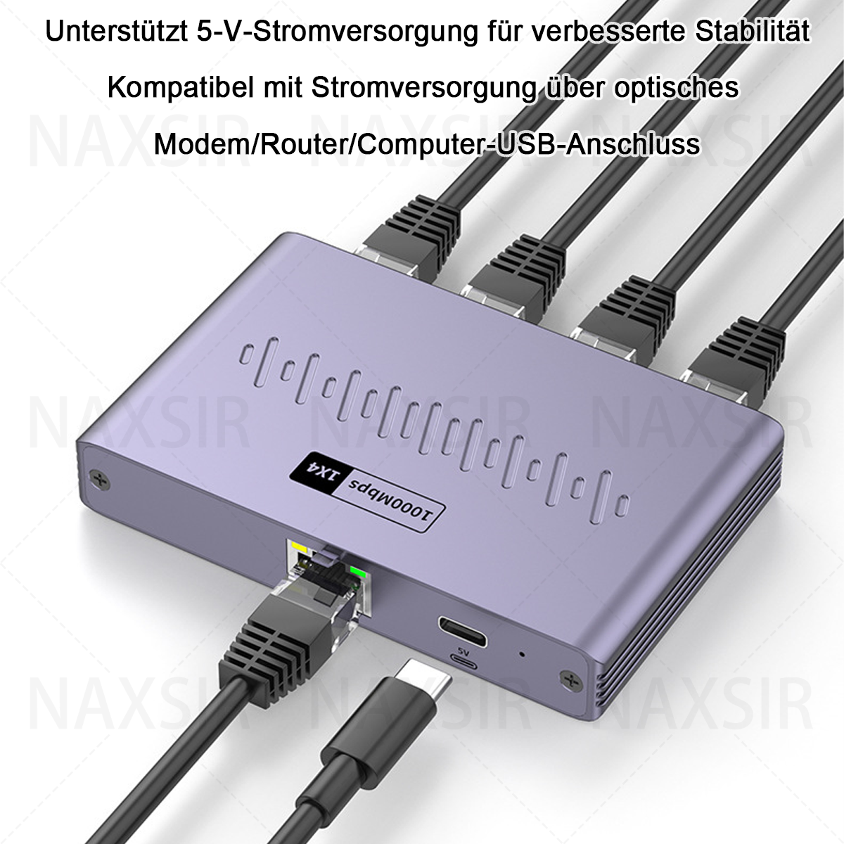 Ein lila Netzwerkgerät mit angeschlossenen Kabeln. Das Gerät hat Ethernet-Anschlüsse und einen USB-C-Anschluss. Text oben beschreibt Funktionen.