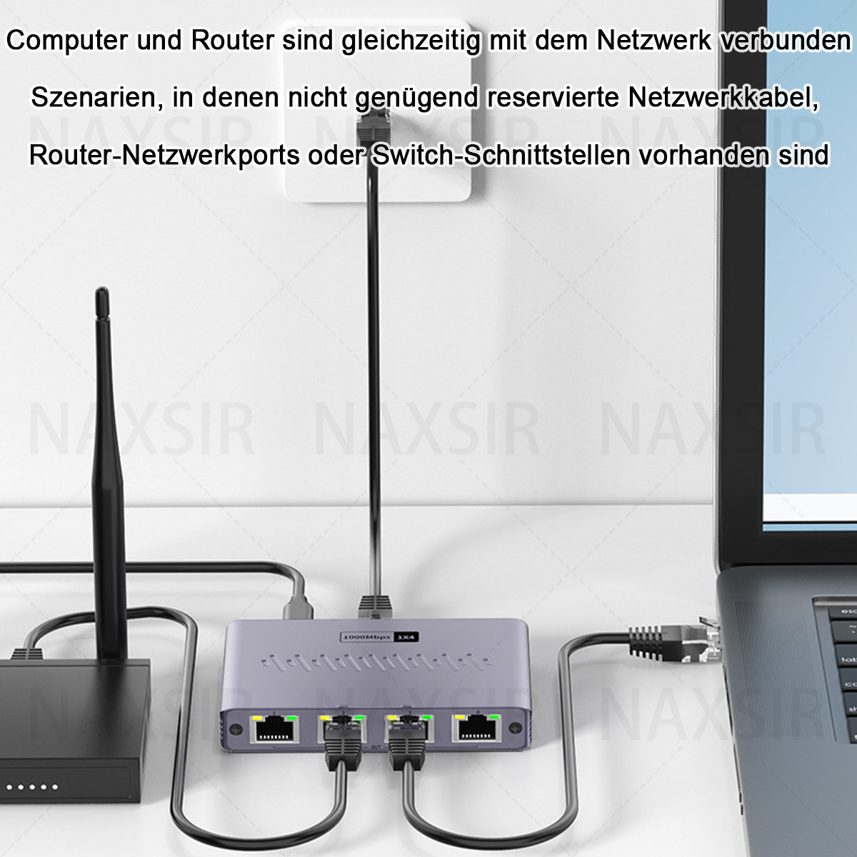 Ein Router und ein Computer sind über Ethernet-Kabel verbunden. Ein WLAN-Router und ein Laptop sind ebenfalls vorhanden.