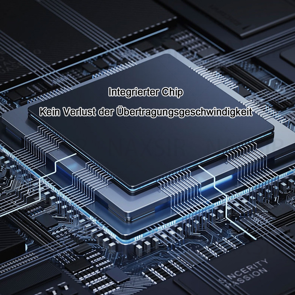 Nahaufnahme eines integrierten Chips auf einer Leiterplatte, mit Text 'Integrierter Chip' und 'Kein Verlust der Übertragungsgeschwindigkeit'.