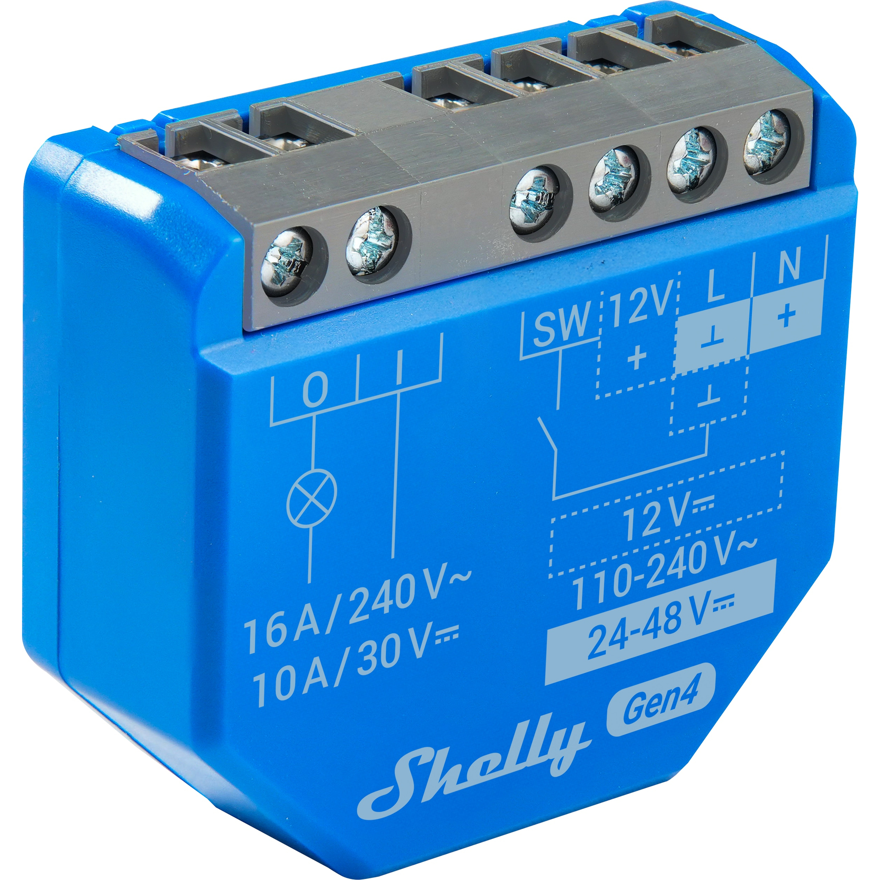 Blaues Shelly Gen4-Modul mit grauen Klemmen. Es hat elektrische Diagramme und Spezifikationen auf der Oberfläche.
