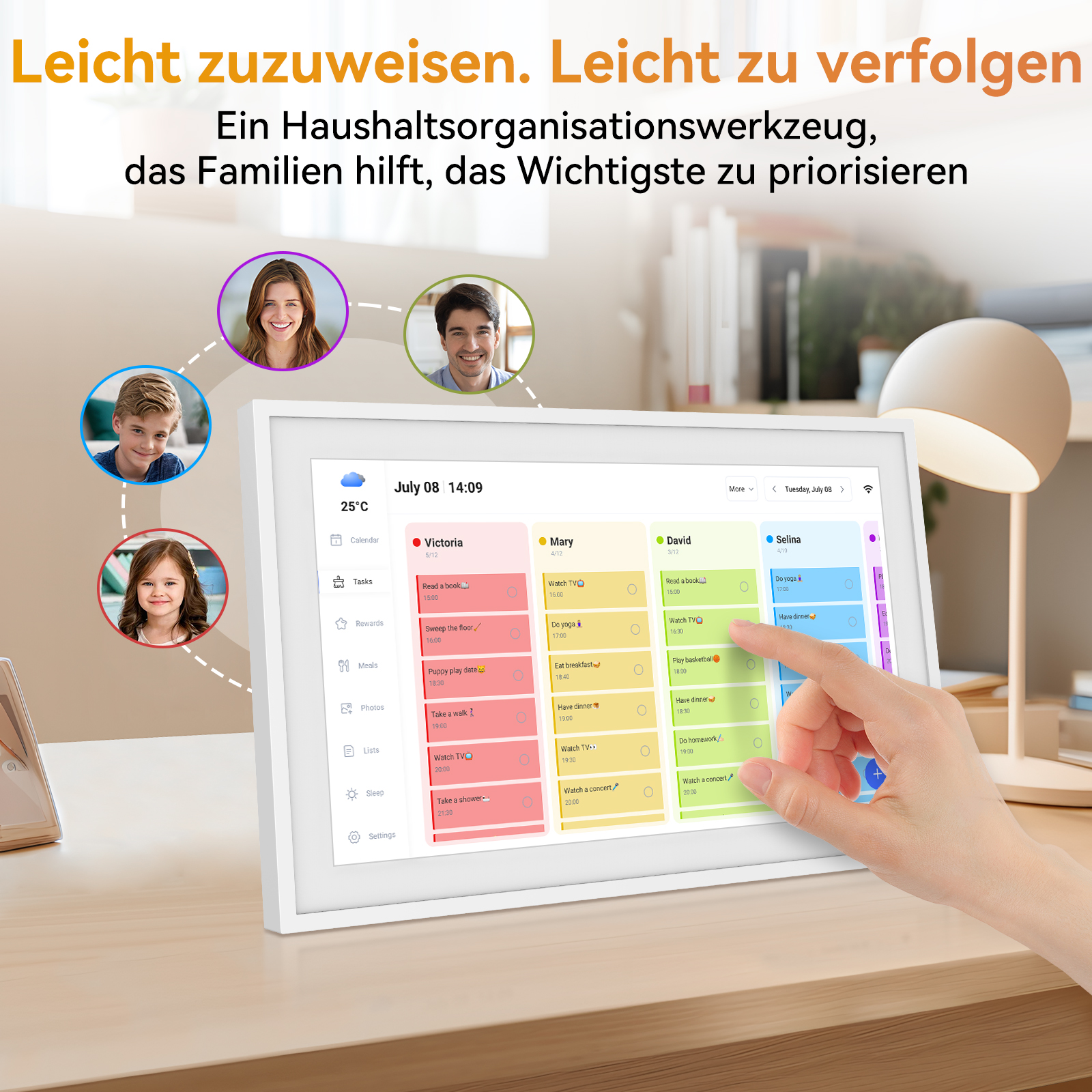 Eine Familien-Organizer-App auf einem Tablet. Sie zeigt Aufgaben für verschiedene Familienmitglieder mit bunten Symbolen an.