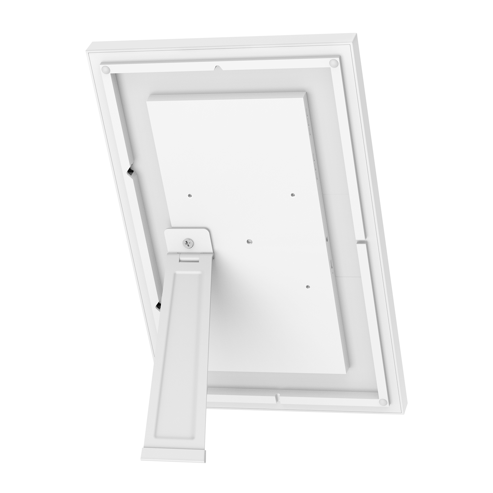 A white picture frame's back is visible, with a stand. Screws and a support are also visible. The frame is angled.
