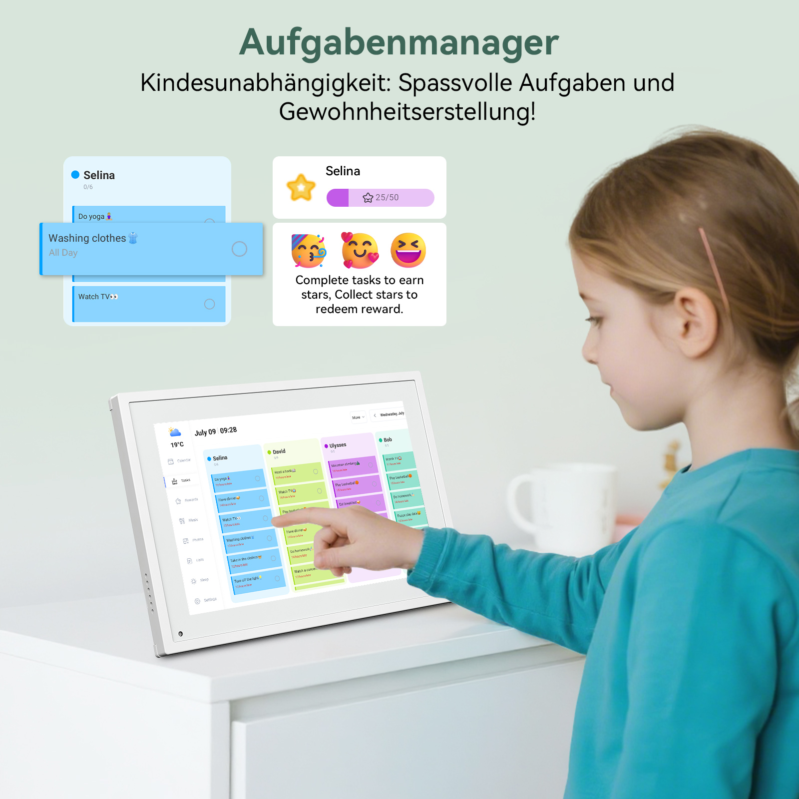 Ein junges Mädchen zeigt auf ein Tablet, das eine Aufgabenverwaltungs-App anzeigt. Text auf Deutsch ist sichtbar.