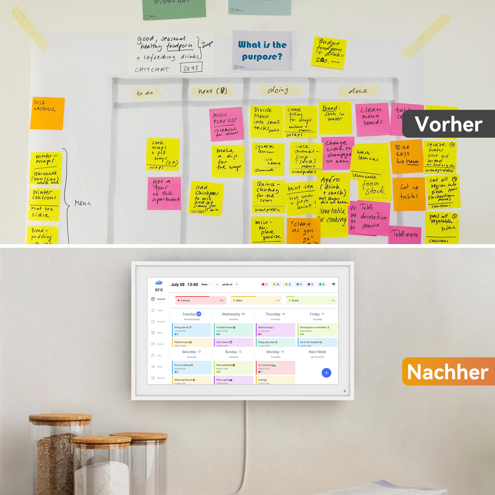 Eine Tafel mit To-Do-Listen und einem Kalender, unten rechts ein gerahmter Kalender.