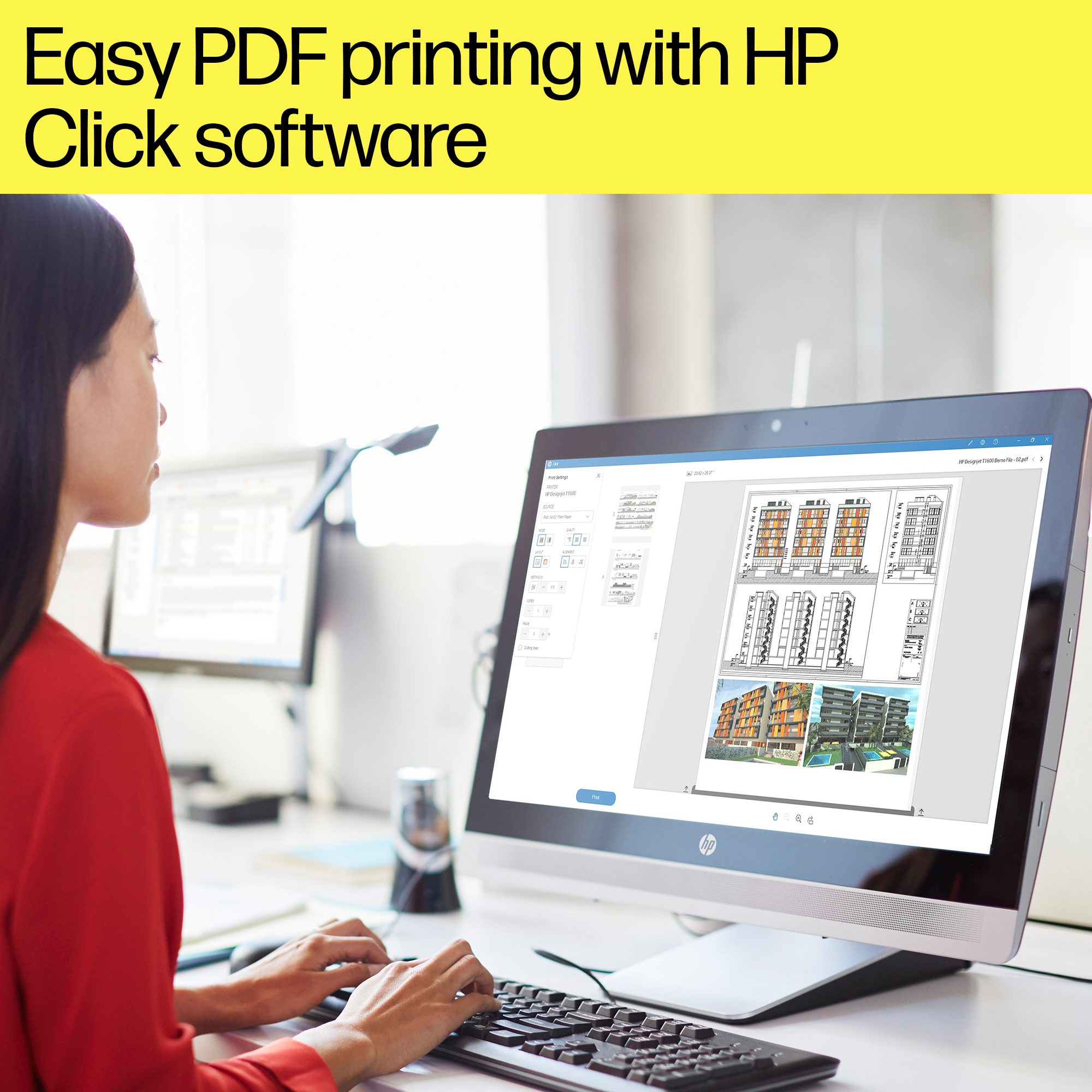 Una persona usa un computer con software HP. Lo schermo mostra disegni architettonici da stampare.