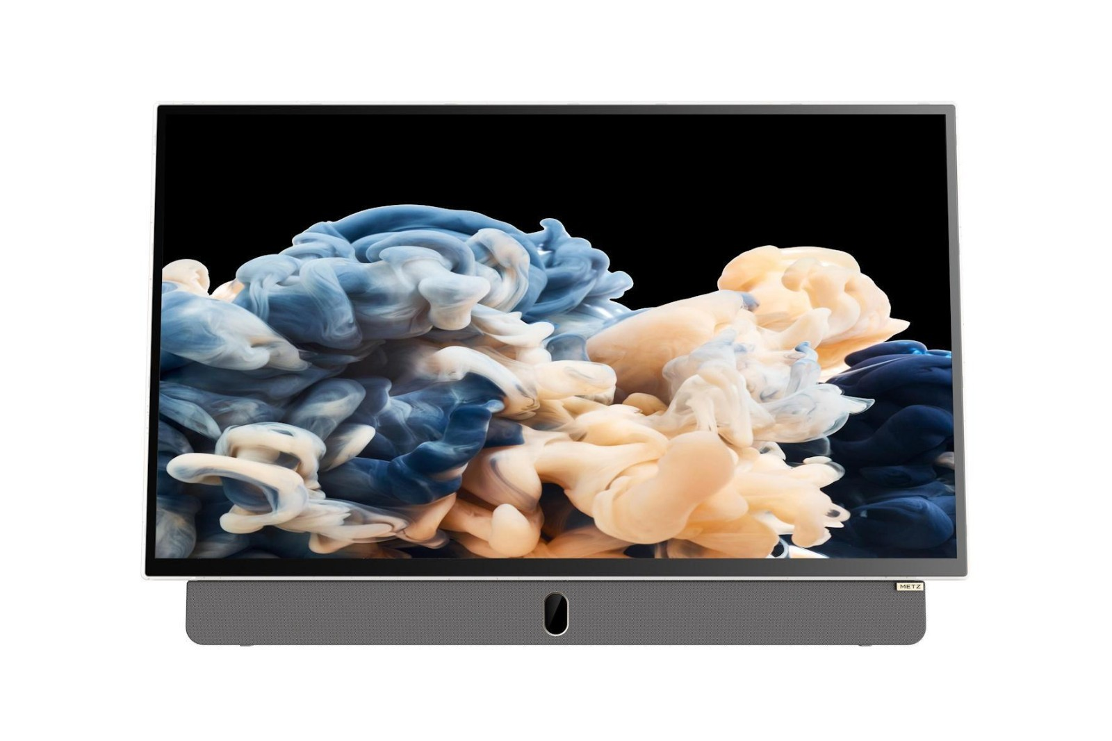 Ekran telewizora wyświetla kolorowe abstrakcyjne chmury w kolorach niebieskim i żółtym. Poniżej ekranu znajduje się szary soundbar.