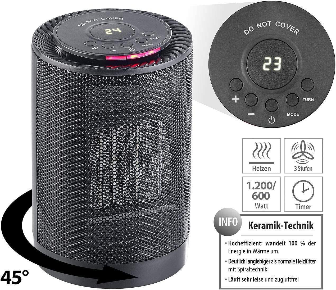 Schwarzer Keramikheizer mit Digitalanzeige. Zeigt Temperatur und Einstellungen an. Informationssymbole mit Text. Nahaufnahme des Heizers.