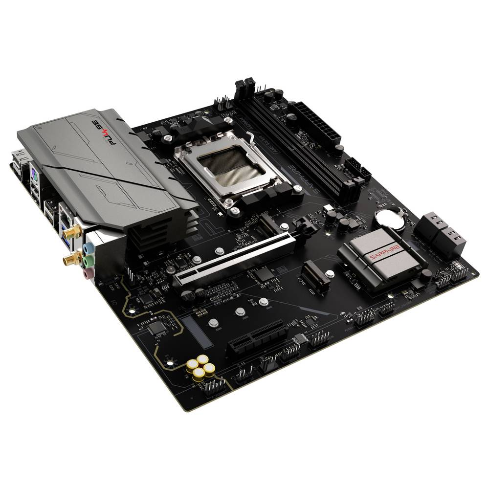 Una scheda madre per computer nera e grigia. Ha vari componenti, tra cui un socket CPU, slot RAM e un dissipatore di calore con il logo 'ASRock'.