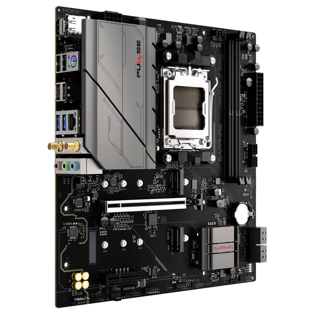 Scheda madre per computer nera e grigia con vari componenti, tra cui un socket CPU, porte e il logo Sapphire.
