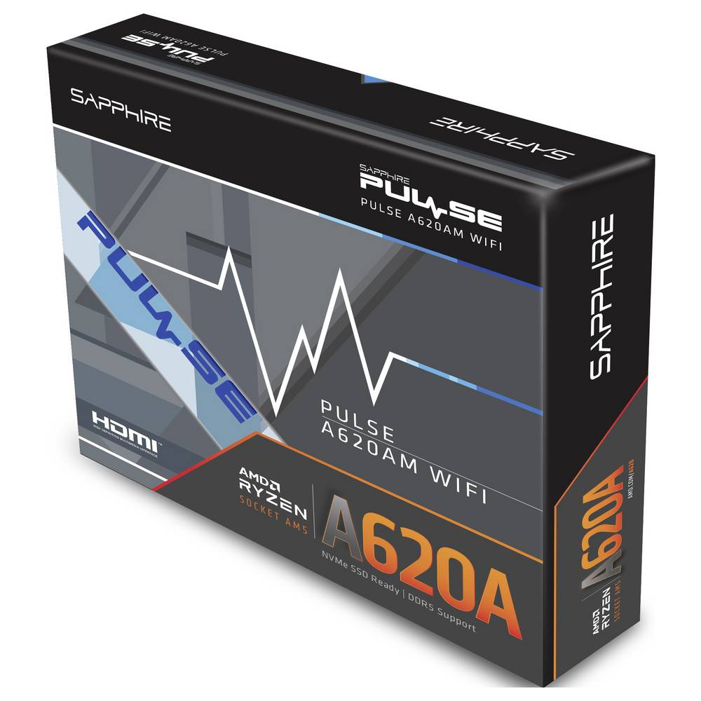 Scatola della scheda madre Sapphire Pulse A620A. Presenta AMD Ryzen, WiFi e HDMI. La scatola è nera, grigia e arancione.