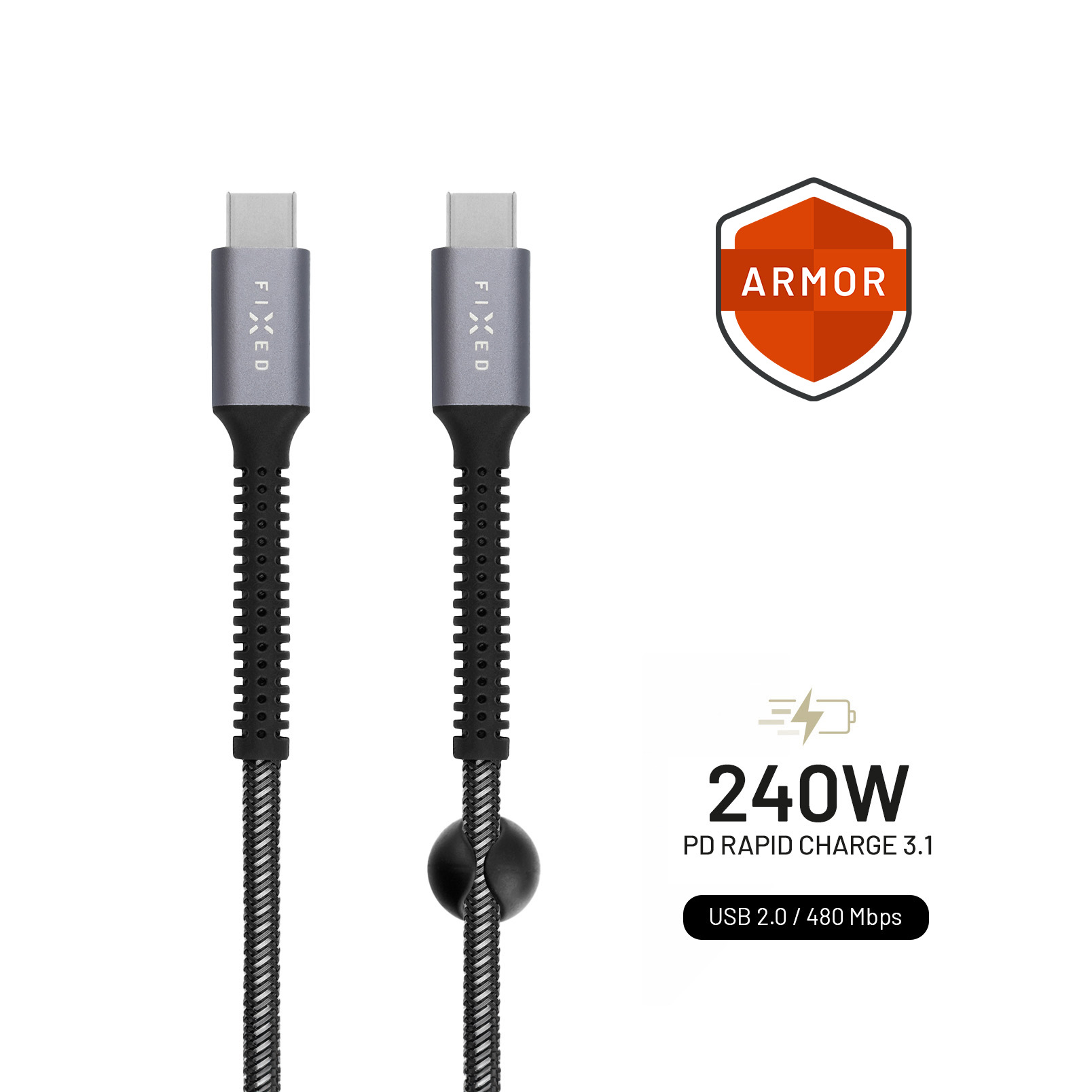 Zwei graue und schwarze USB-C-Kabel mit 'FIXED' auf den Steckern. Ein 'ARMOR'-Logo und der Text '240W' sind vorhanden.