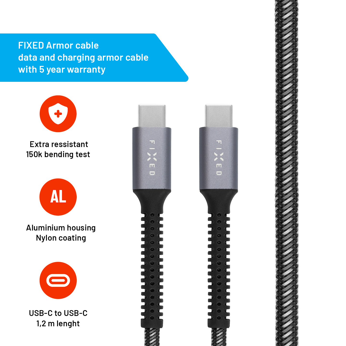 Zwei USB-C-Kabel mit grauen Steckern und schwarzem geflochtenem Kabel. Text zeigt Funktionen: Panzerkabel, 5 Jahre Garantie, Aluminiumgehäuse und Nylonbeschichtung.