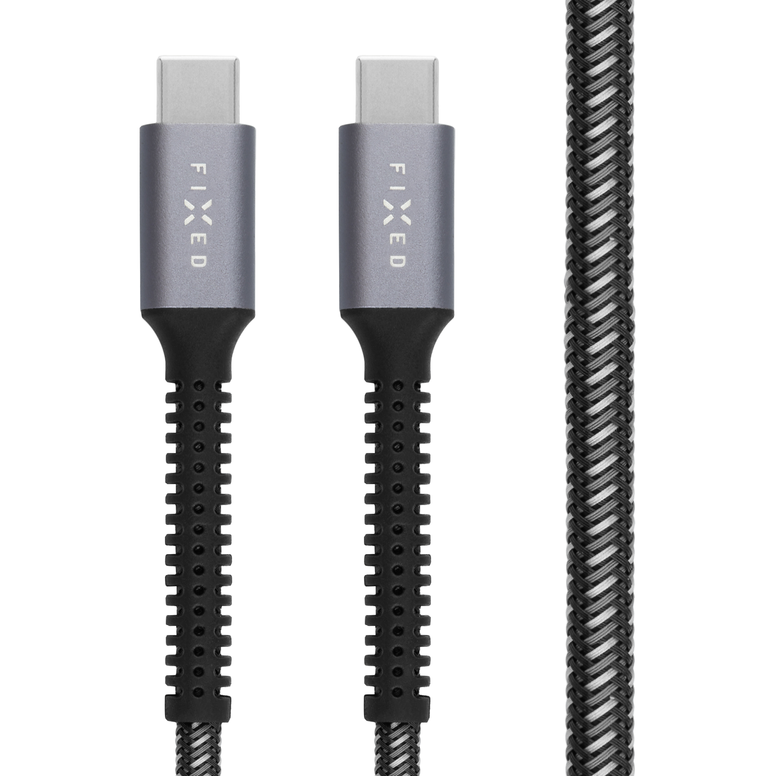 Zwei graue USB-C-Kabel mit schwarzen Kabelenden und einem geflochtenen schwarzen, weißen und grauen Kabel. Auf weißem Hintergrund.