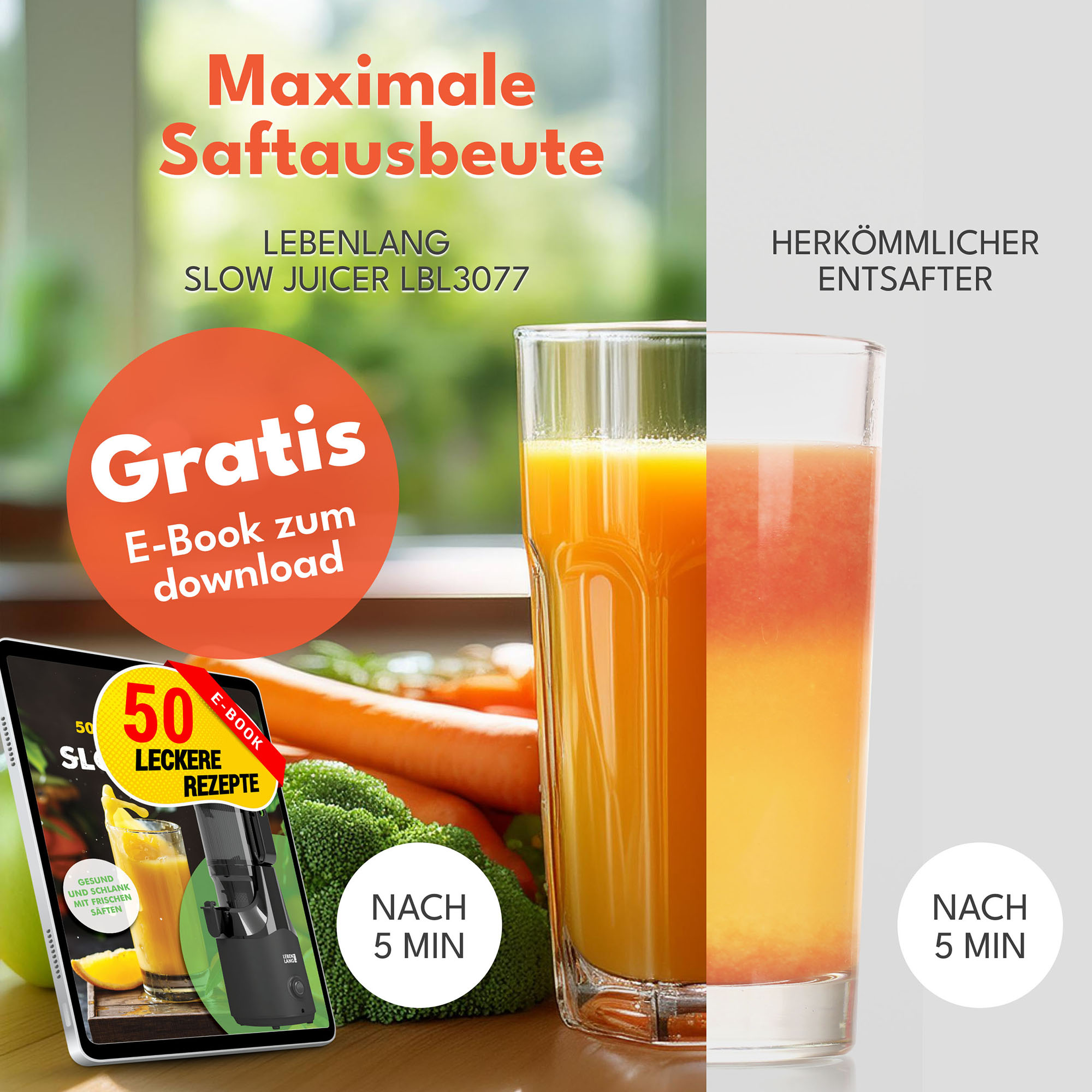 Das Bild zeigt einen Entsafter und Saft. Text: 'Maximale Saftausbeute'. Beinhaltet ein E-Book-Angebot. Säfte werden nach 5 Minuten verglichen.