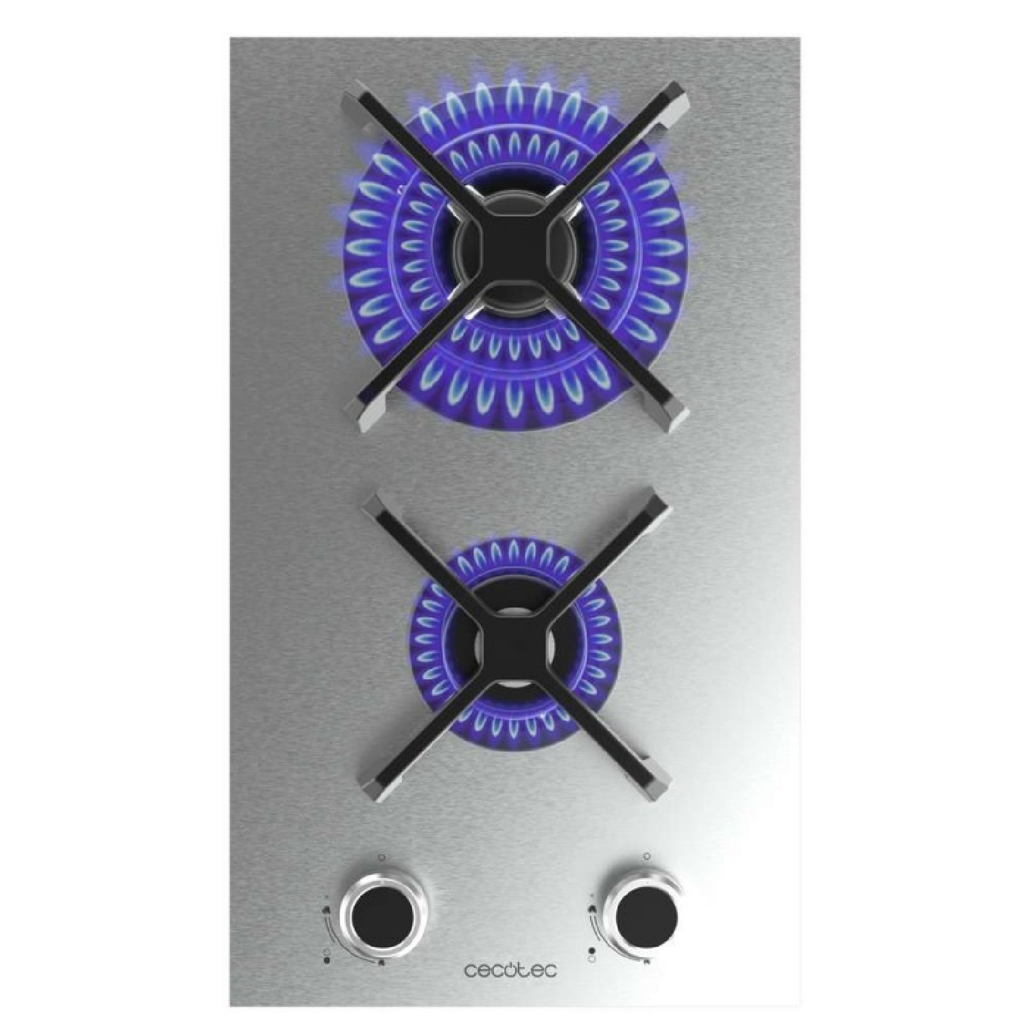 Płyta gazowa ze stali nierdzewnej z dwoma palnikami. Oba palniki palą się niebieskim płomieniem. Widoczne pokrętła i nazwa marki 'cecotec'.