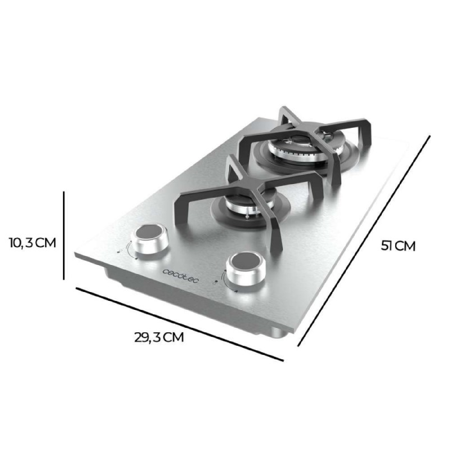 Stalowa płyta gazowa Cecotec z dwoma palnikami, czarnymi wspornikami i dwoma pokrętłami. Wymiary: 29,3cm x 51cm x 10,3cm.