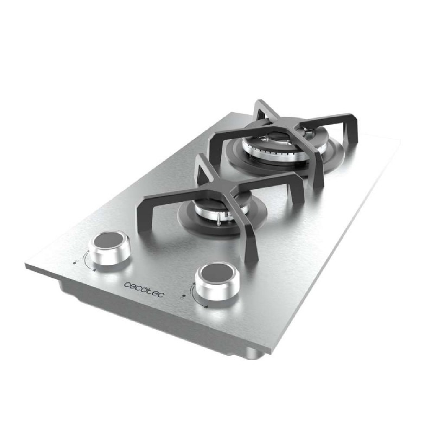 Płyta gazowa ze stali nierdzewnej z dwoma palnikami, czarnymi wspornikami i pokrętłami. Widoczna jest nazwa marki 'cecotec'.