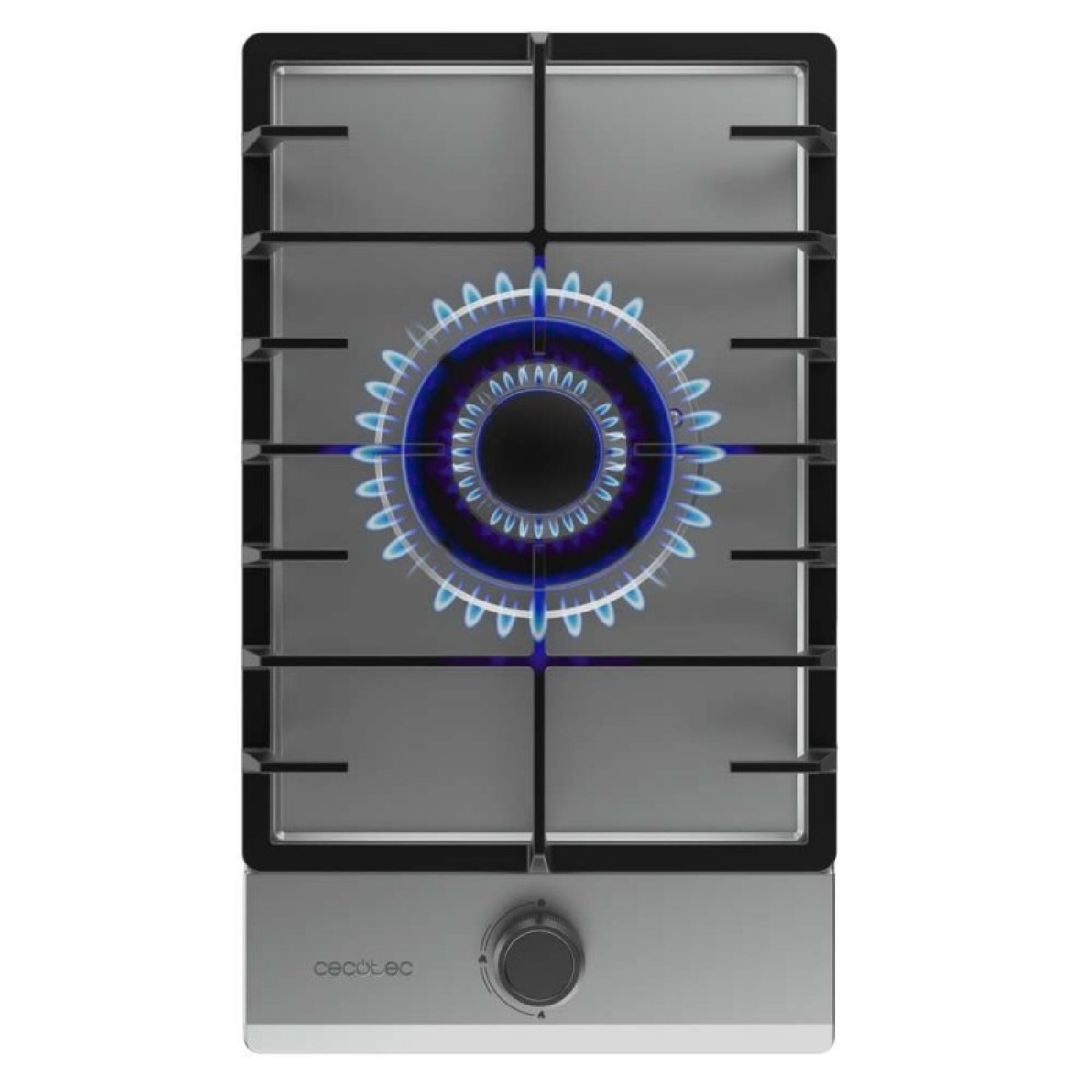 Kuchenka gazowa z niebieskim płomieniem. Kuchenka jest srebrna z czarnymi rusztami i pokrętłem. Widoczna jest nazwa marki 'cecotec'.