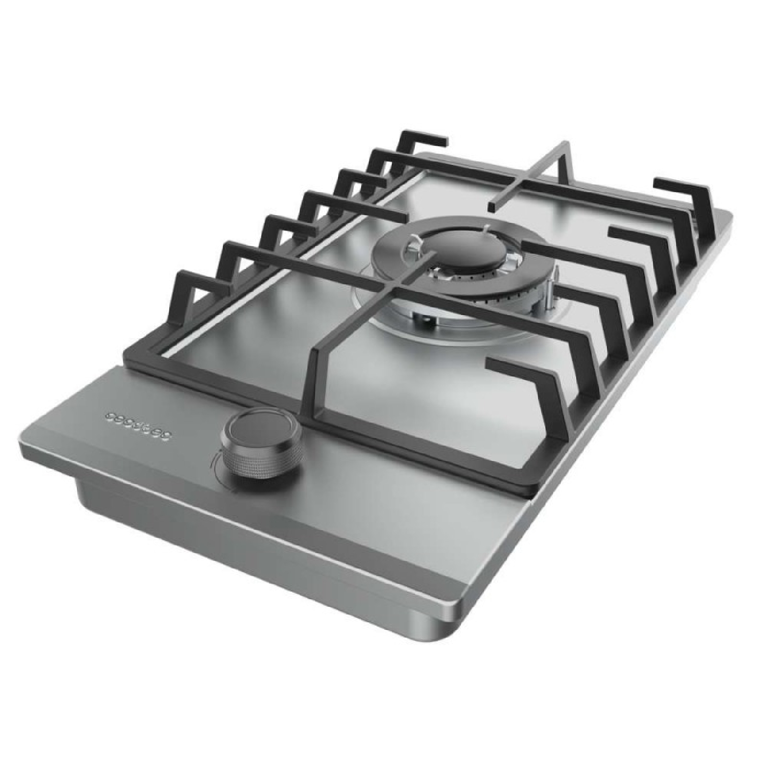 Płyta gazowa ze stali nierdzewnej z czarnymi kratkami. Posiada pokrętło sterowania i elementy palnika. Widok z boku. Wyizolowana na białym tle.