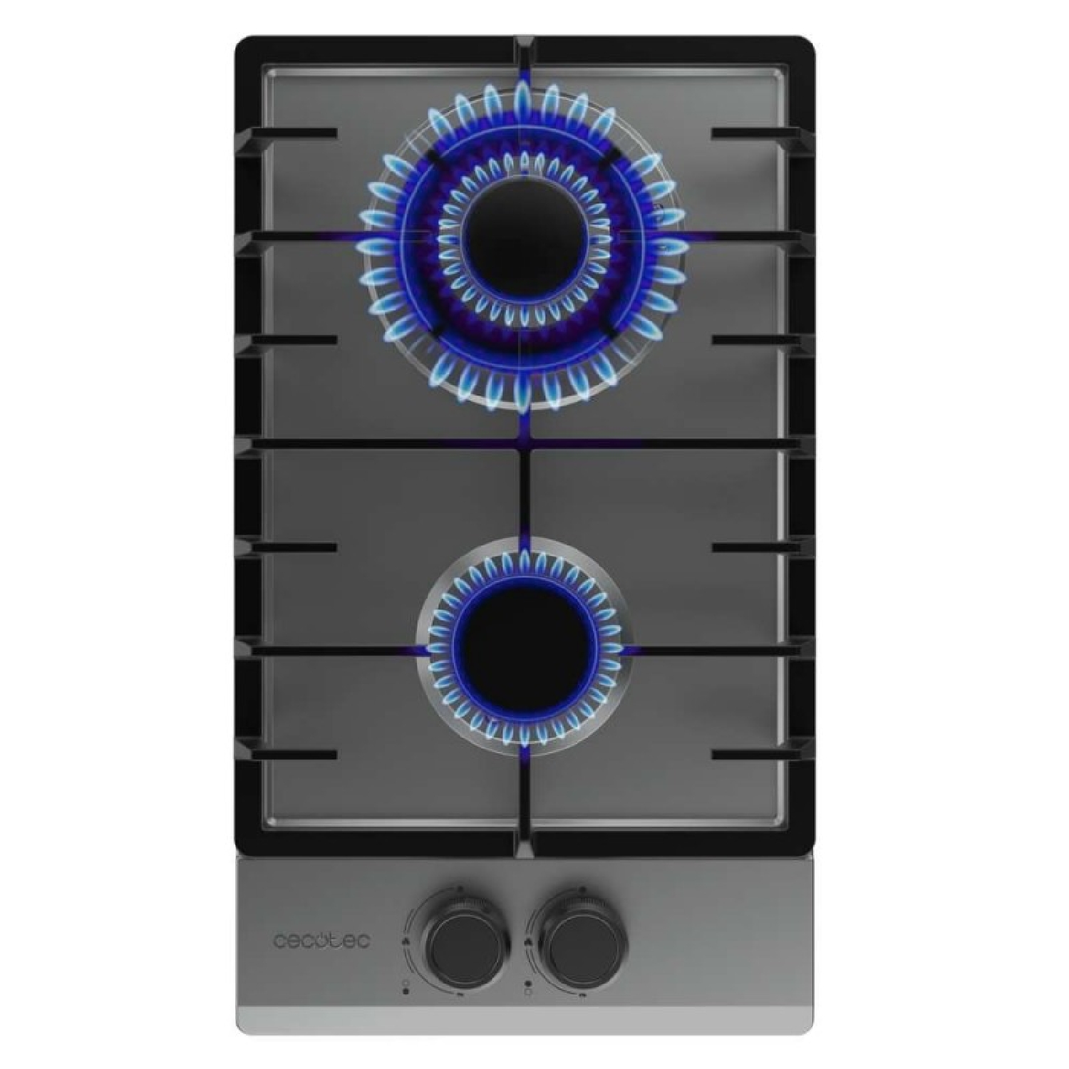 Płyta gazowa z dwoma palnikami płonącymi niebieskim płomieniem. Ma dwa pokrętła i wykończenie ze stali nierdzewnej.