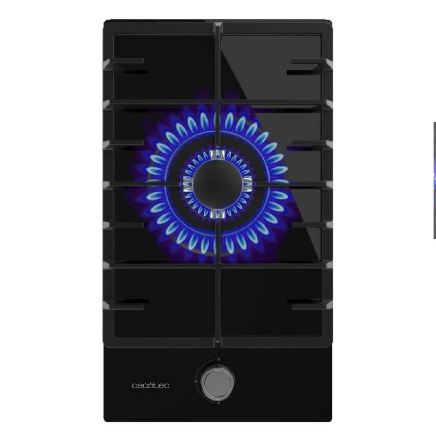 Czarna płyta gazowa z niebieskim płomieniem. Płyta ma cztery palniki, pokrętło i widoczną nazwę marki "cecotec".