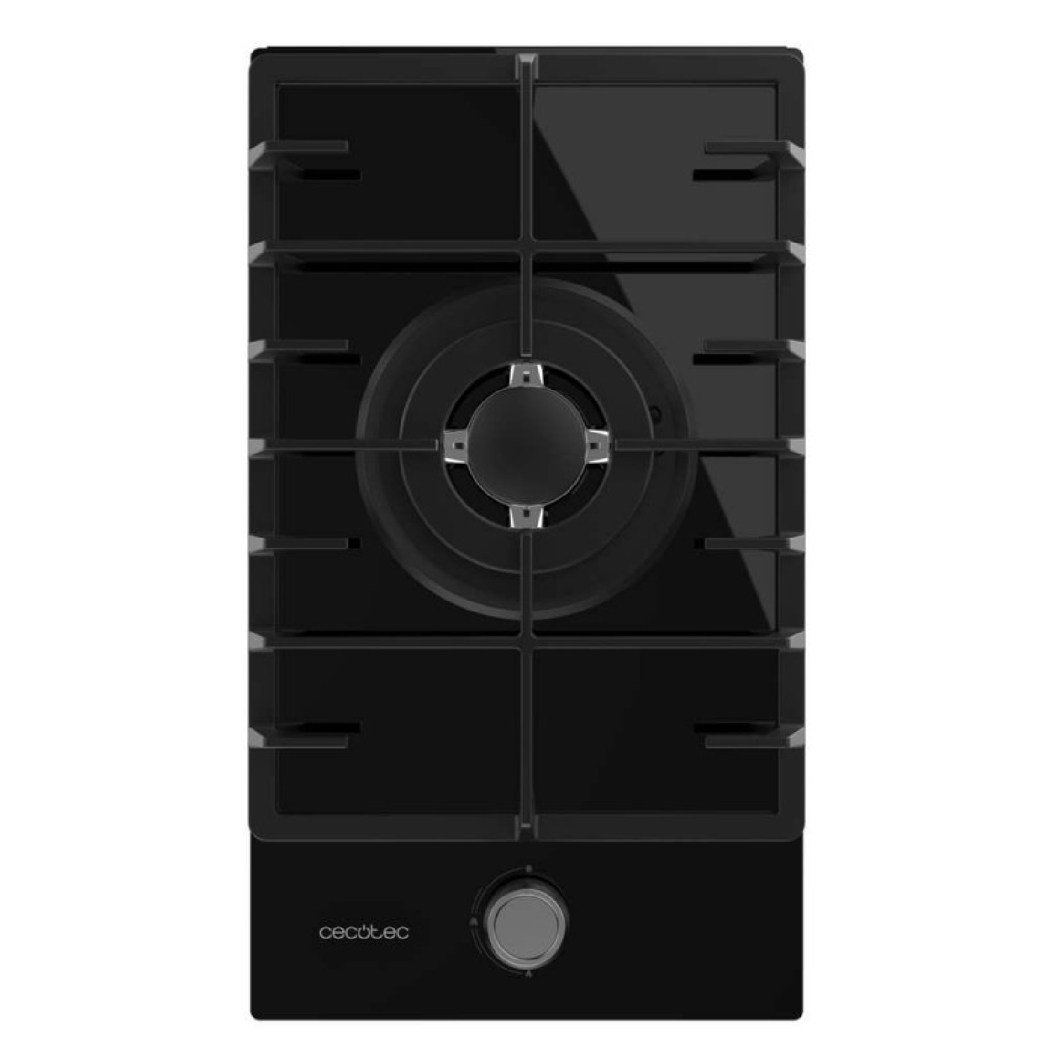 Czarna płyta ceramiczna z czterema palnikami i centralnym palnikiem pierścieniowym. Srebrne pokrętło i nazwa marki widoczne.