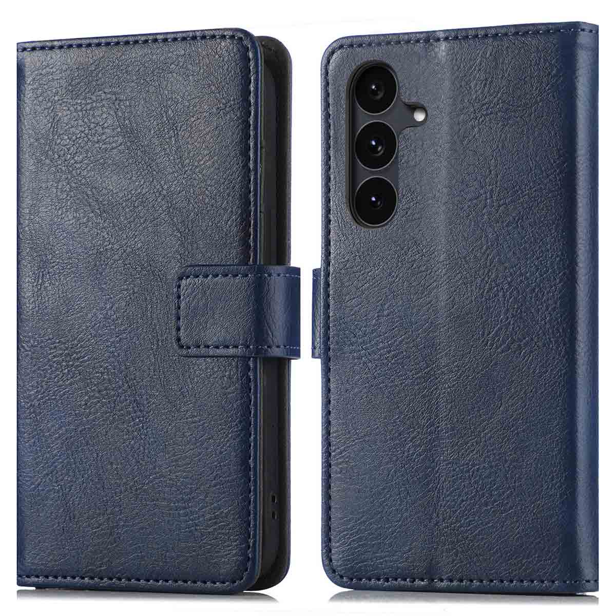 Un étui de téléphone en cuir bleu foncé, ouvert pour révéler le téléphone. L'étui a une fermeture magnétique et des découpes pour la caméra.