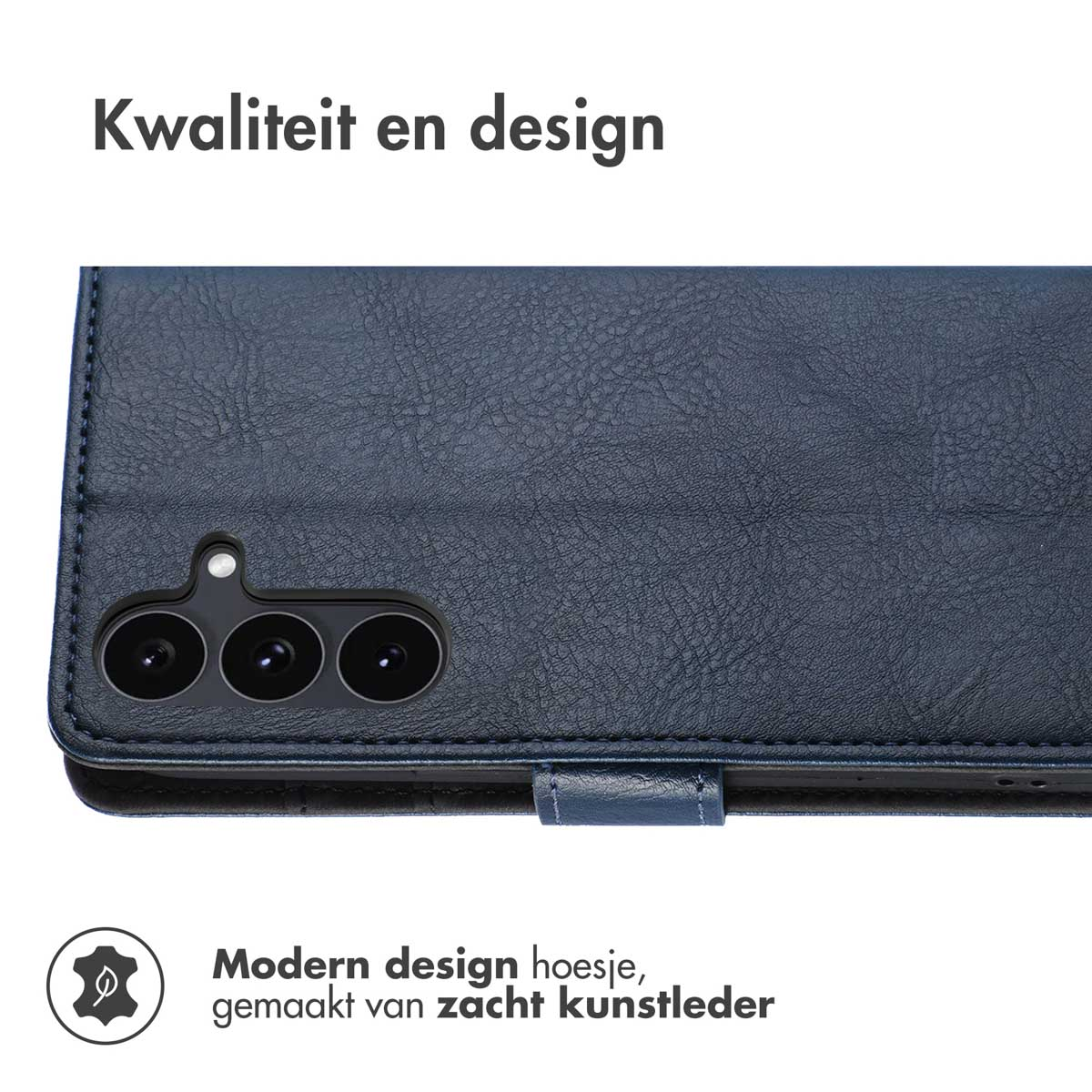 Gros plan sur un étui de téléphone bleu. L'étui a une texture semblable à du cuir. Le texte en haut se lit 'Kwaliteit en design'.